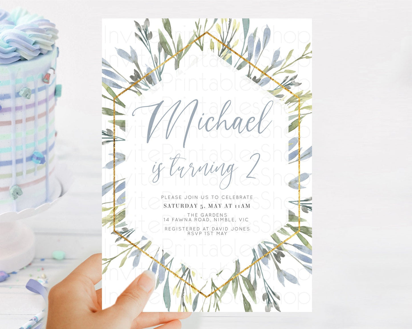 Leafy Birthday Invitation Leafy Invitation Simple Greenery Invitation Eucalyptus Fern Spray Leaves Minimal Green Leaf Watercolour D10532