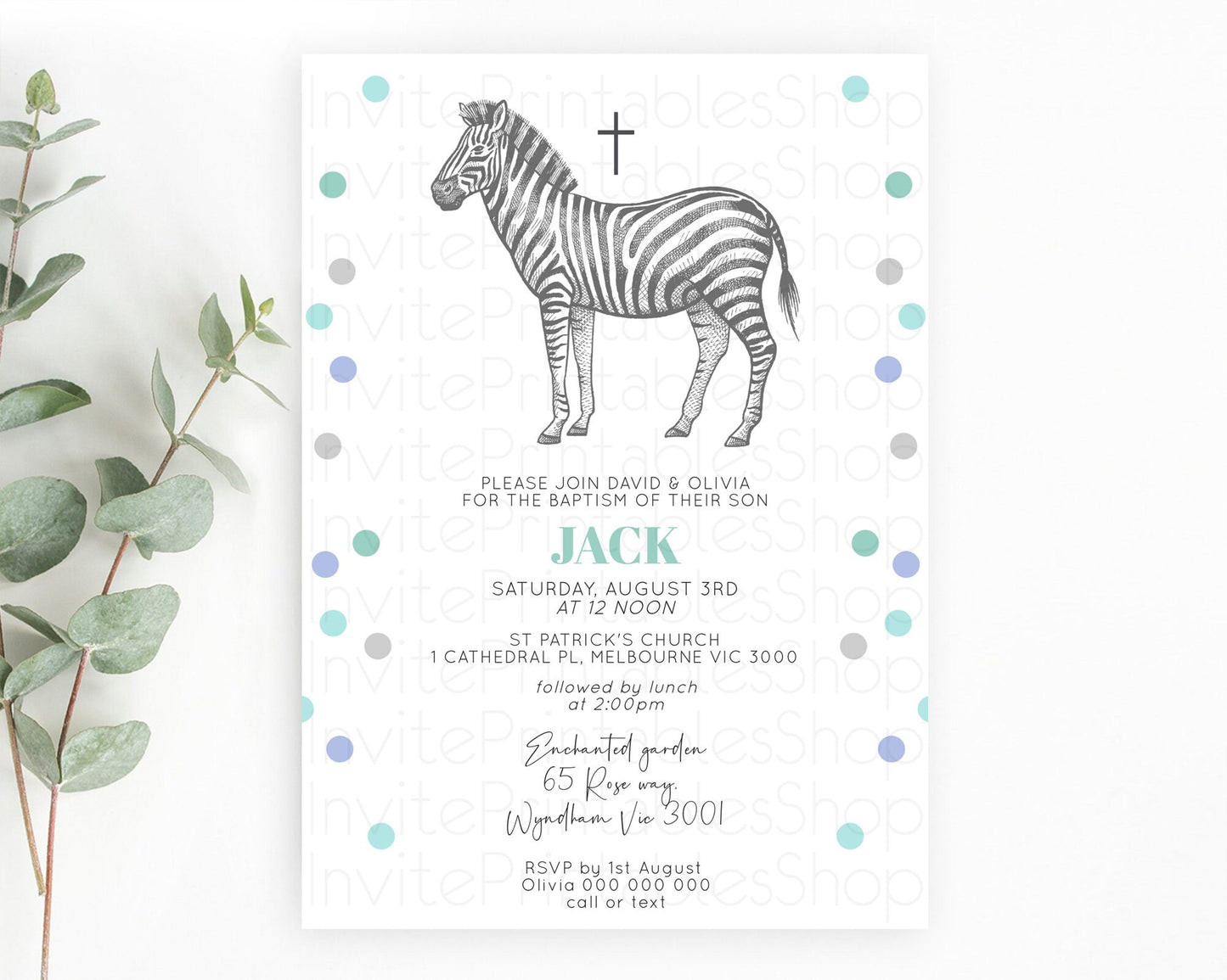 Zebra Baptism Invitation Zebra Baptism 1st Birthday Invitation Jungle Safari Christening Invite Watercolor Tropical Zoo Adventure D10856