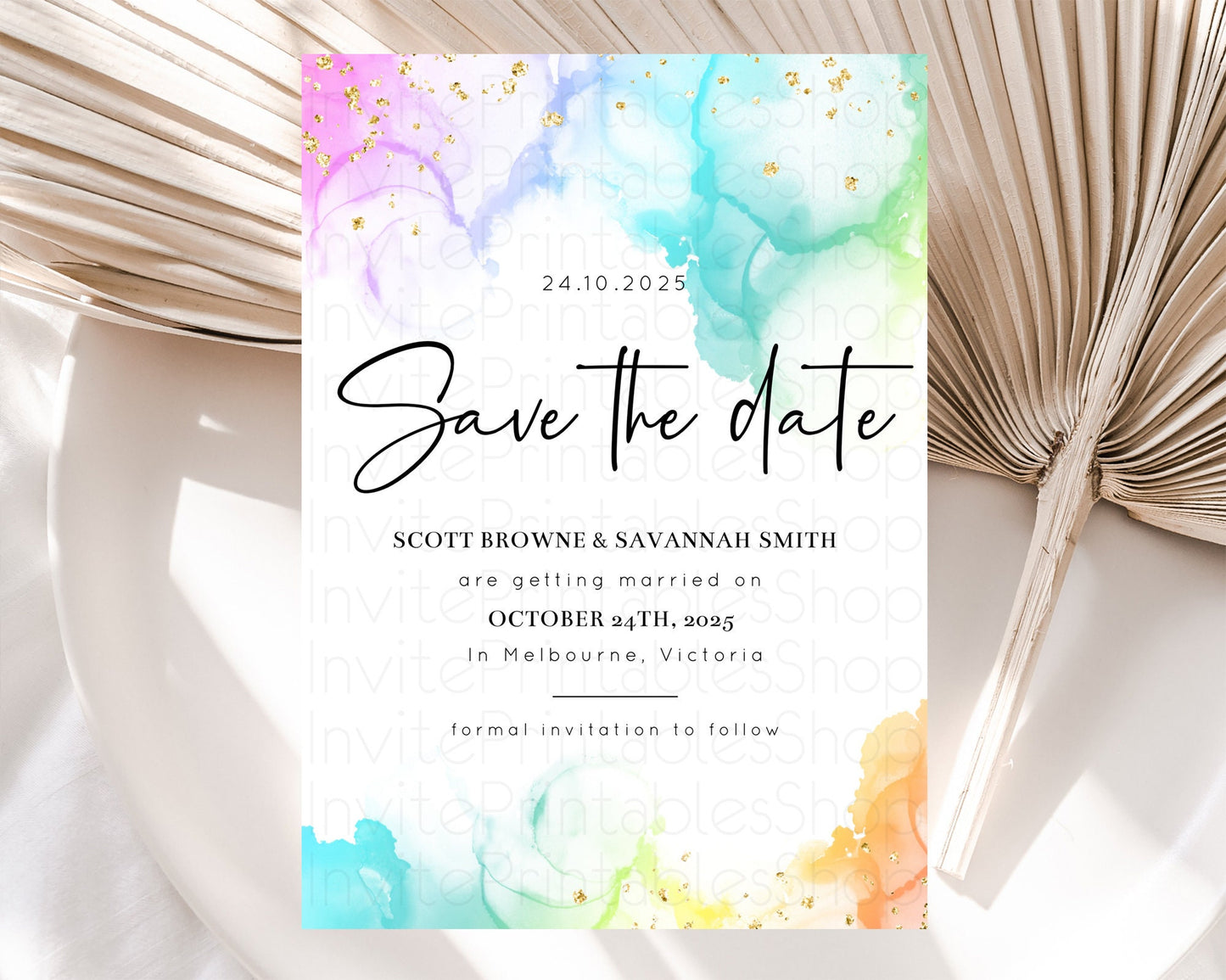 Pastel Save The Date Template Pastel Ombre Rainbow Watercolor Colorful Party For Birthday Baptism Baby Shower Wedding Bridal Shower D10181