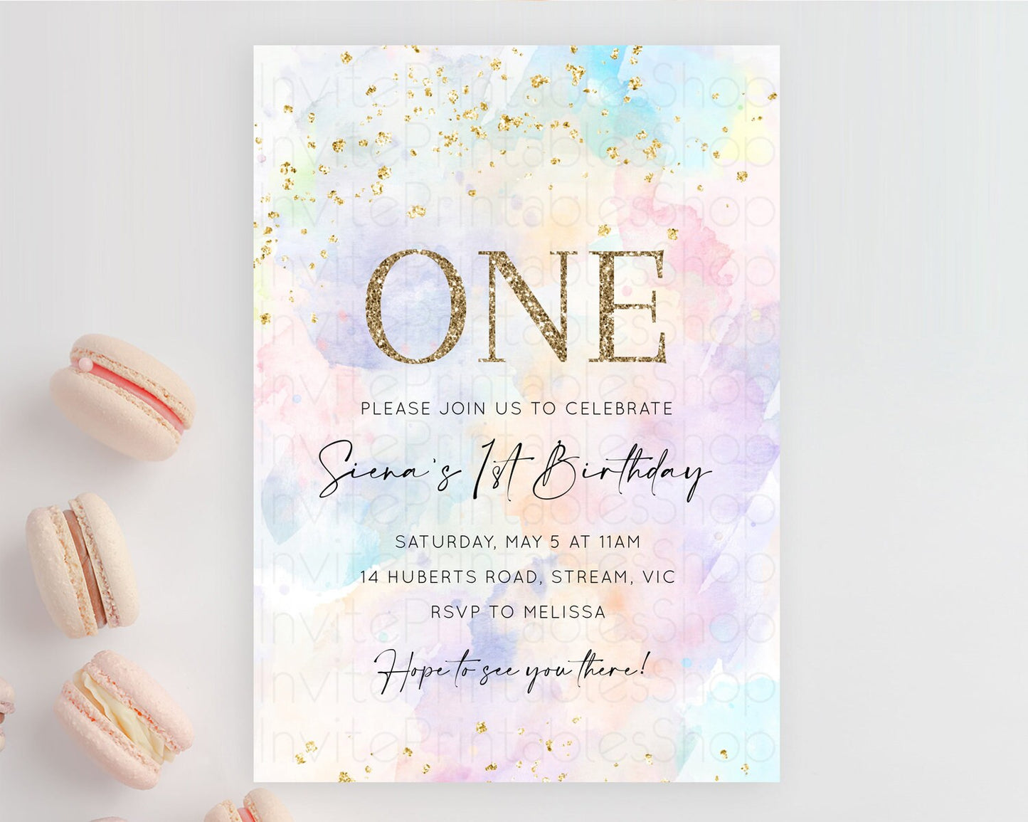 Rainbow Birthday Invitation Colorful Pastel Watercolor Invitation Gold Glitter Sprinkles Ombre Pastel 1st 2nd 3rd Birthday D10605