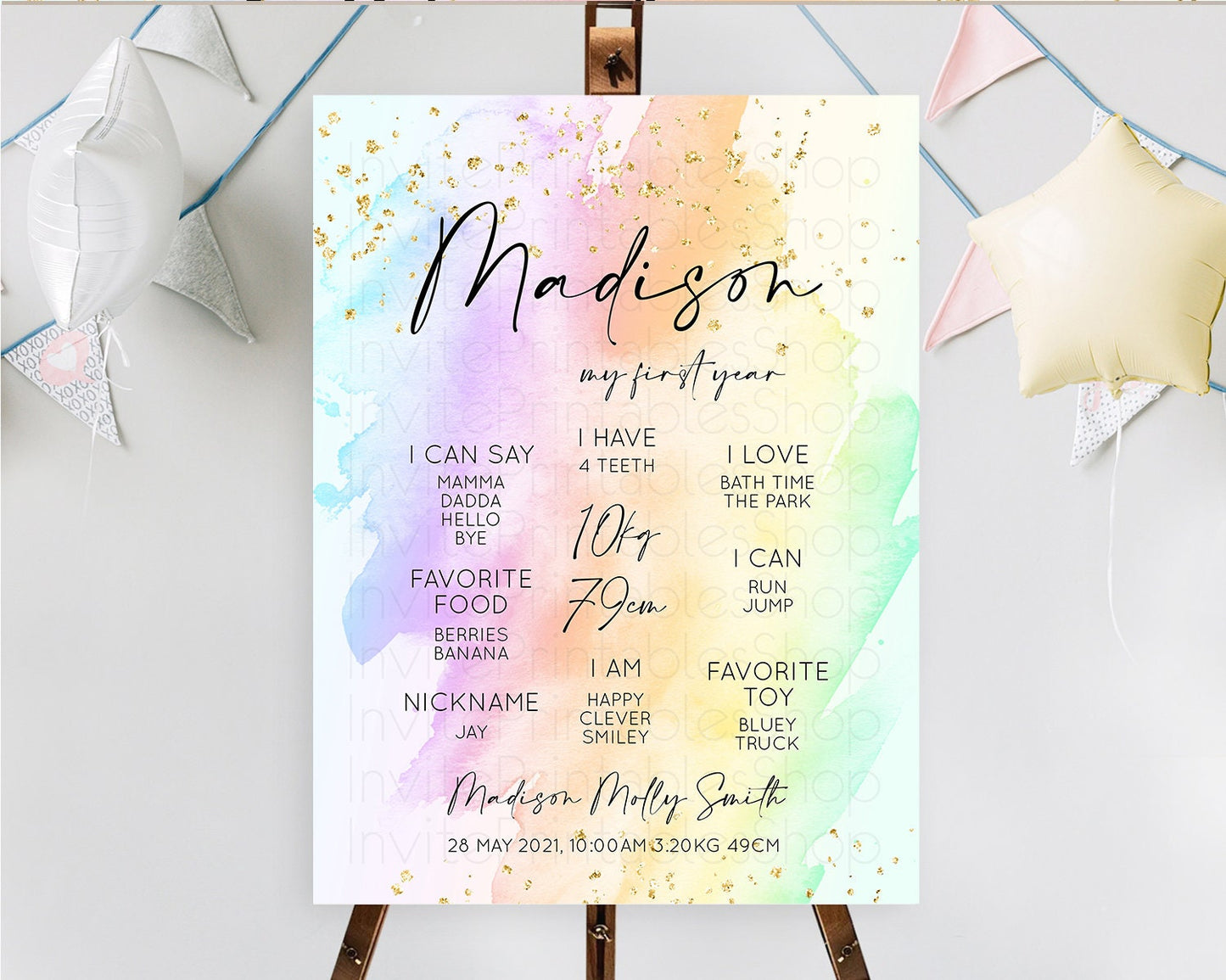 Pastel First Birthday Milestone Board Pastel Rainbow Milestone Poster Colorful Confetti Watercolor Glitter 1st Birthday Welcome Sign D10645