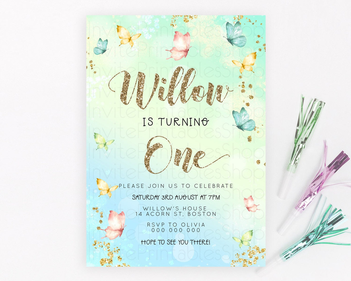 Pastel Butterfly Birthday Invitation Butterfly Birthday Invitation Colorful Splash Glitter Butterfly Garden 1st 2nd Birthday D23078