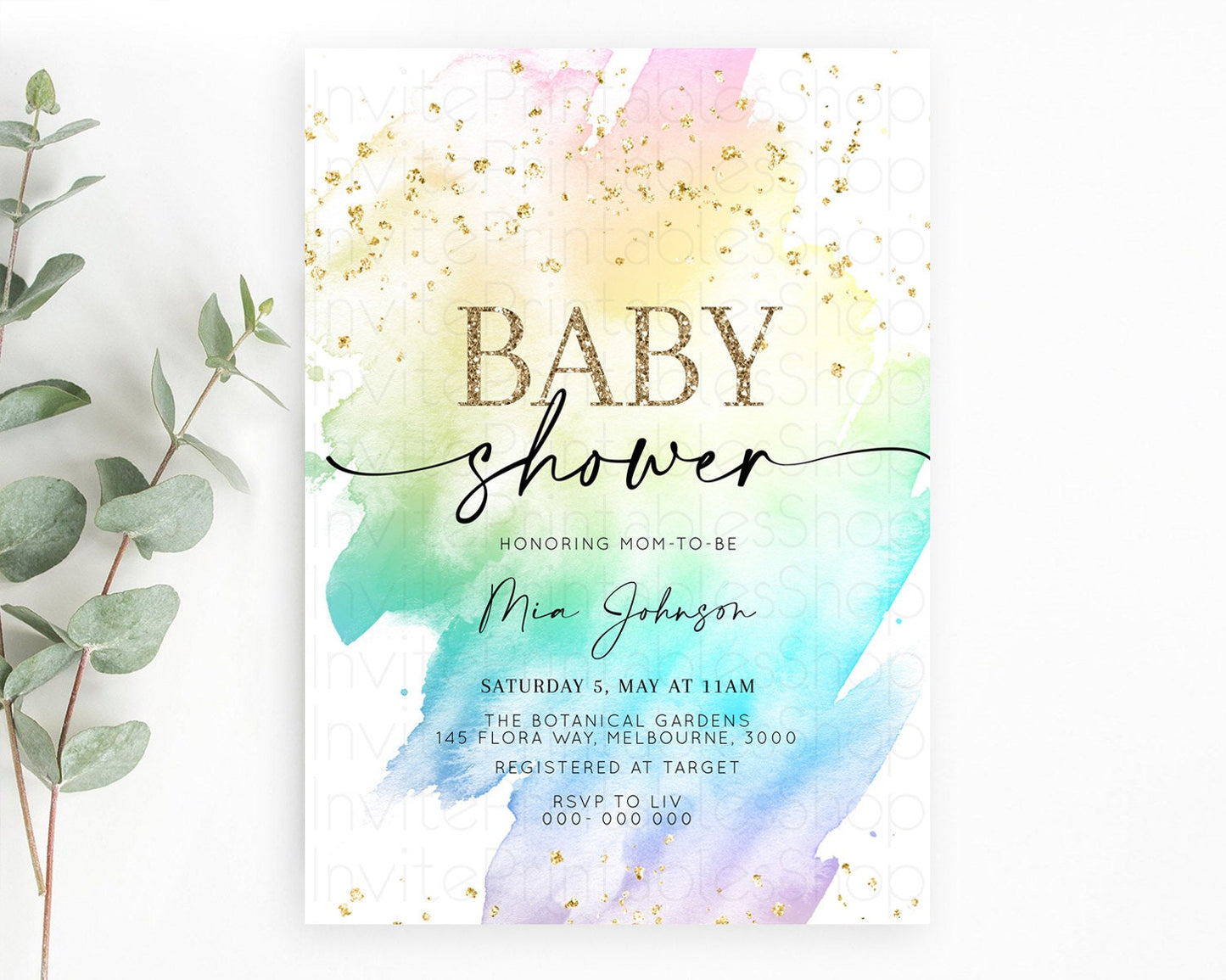 Pastel Rainbow Baby Shower Invitation, Colorful Watercolor Splash, Gold Glitter Confetti Sprinkles, Ombre Pink, Yellow, Blue, Purple D11028