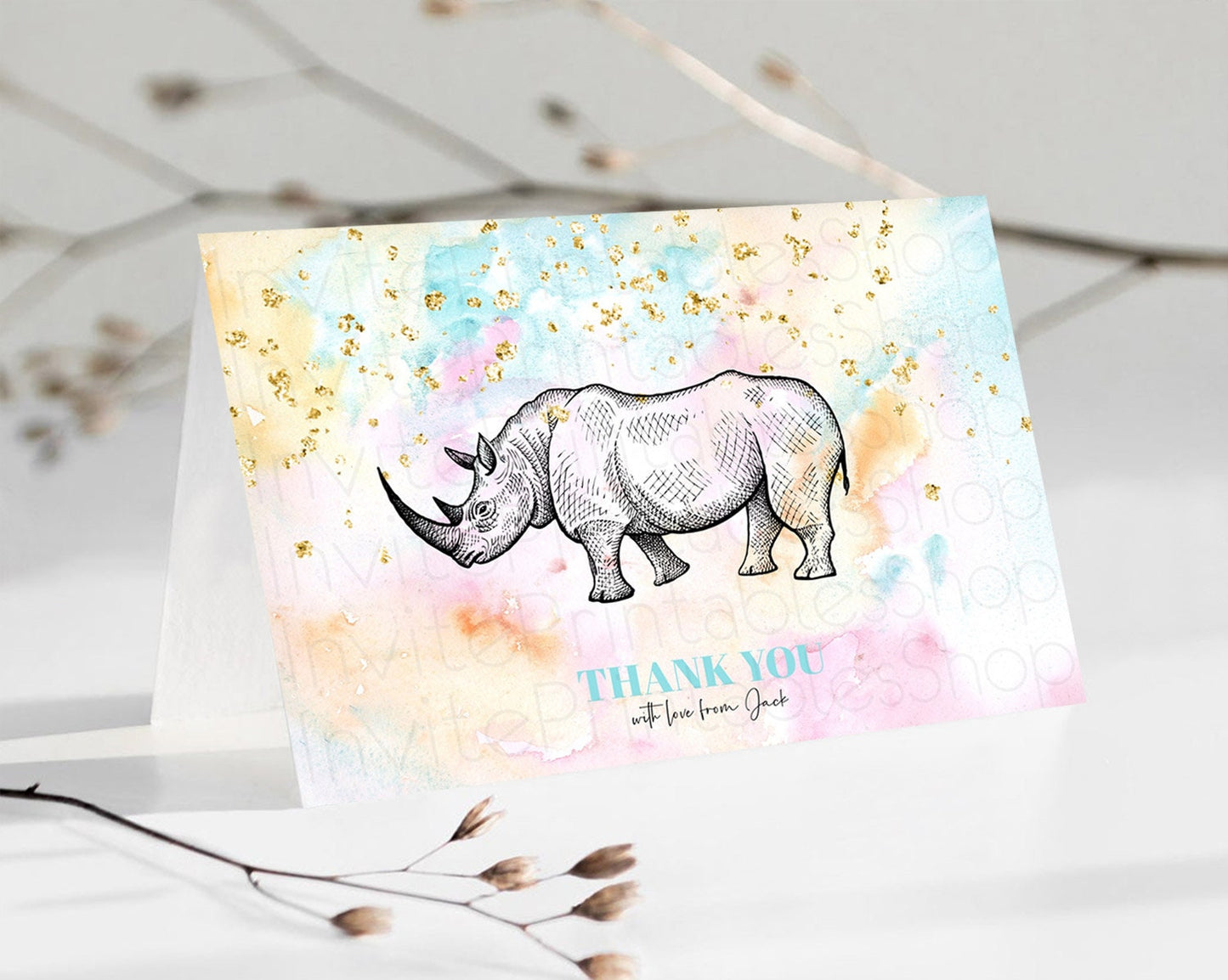 Pastel Rhino Thank You Rainbow Rhino Thank You Card Colorful Rainbow Birthday Thank You Pastel Rhino Teacher Thank You Card Template D10287