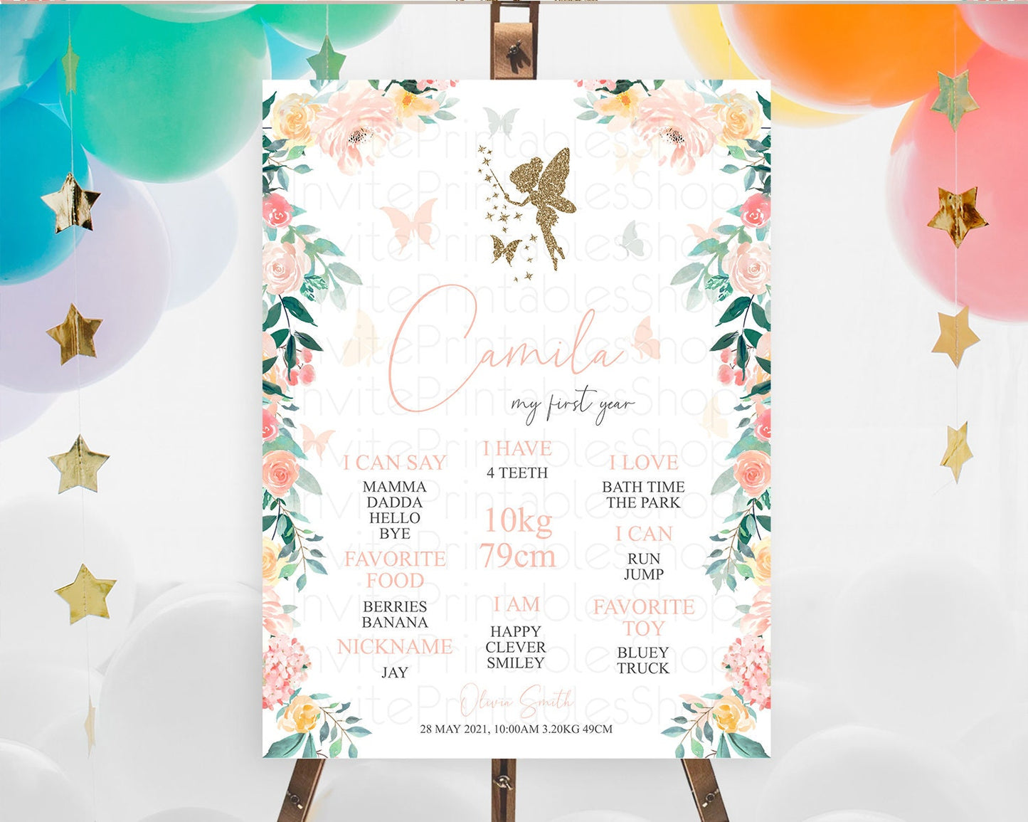 Fairy First Birthday Milestone Poster Fairy Secret Garden Milestone Board Enchanted Garden Pastel Floral Butterfly 1st Birthday Sign D10789