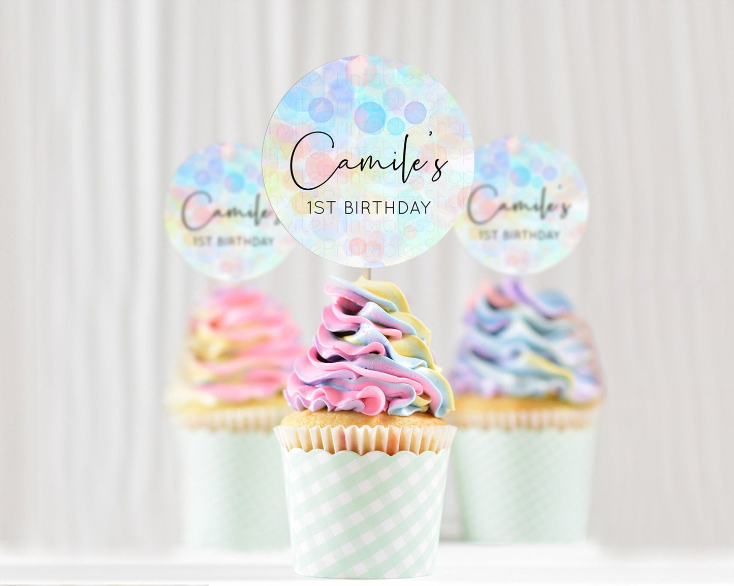 Pastel Cupcake Toppers Pastel Confetti Cupcake Topper Bubbles Sprinkles Colorful Rainbow Confetti Cupcake First Birthday Party Decor D10445