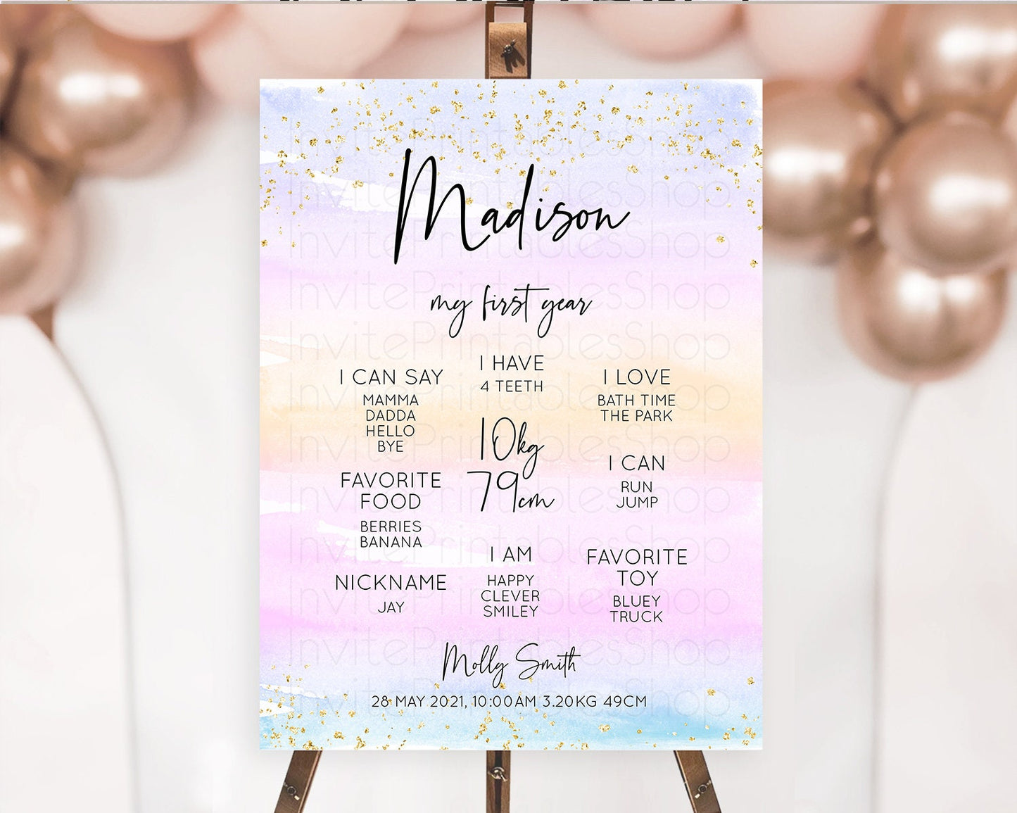 Pastel First Birthday Milestone Board Pastel Rainbow Milestone Poster Colorful Confetti Watercolor Glitter 1st Birthday Welcome Sign D10594