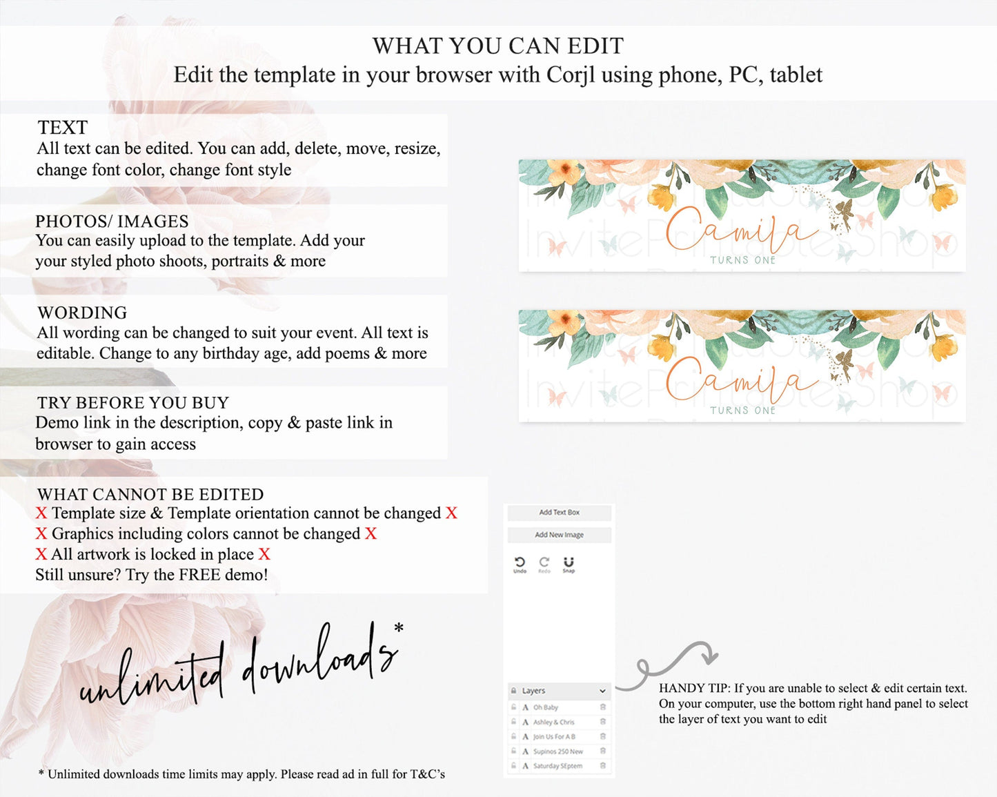 Fairy Water Label Enchanted Garden Pastel Floral Butterfly Party Decor Secret Garden Birthday Baptism Baby Shower Bridal Shower D10346