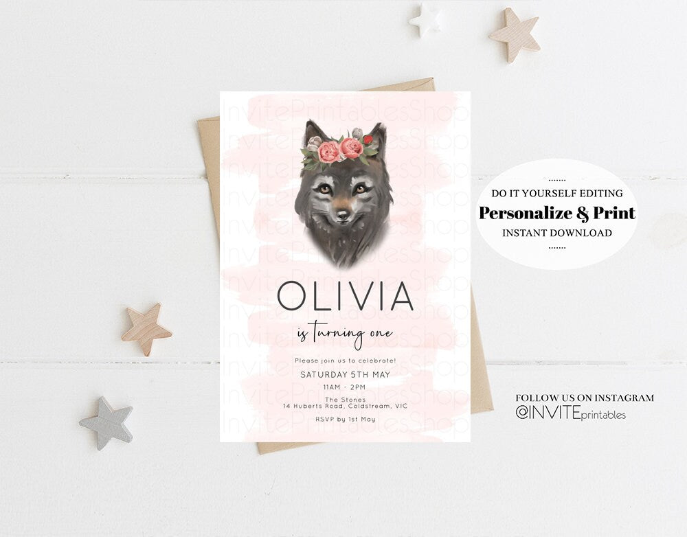 Wolf Invitation Wolf Birthday Invite Grey Baby Wolf Tribal Boho Pink Pastel Flower Crown Greenery Garden Forest Custom Invite