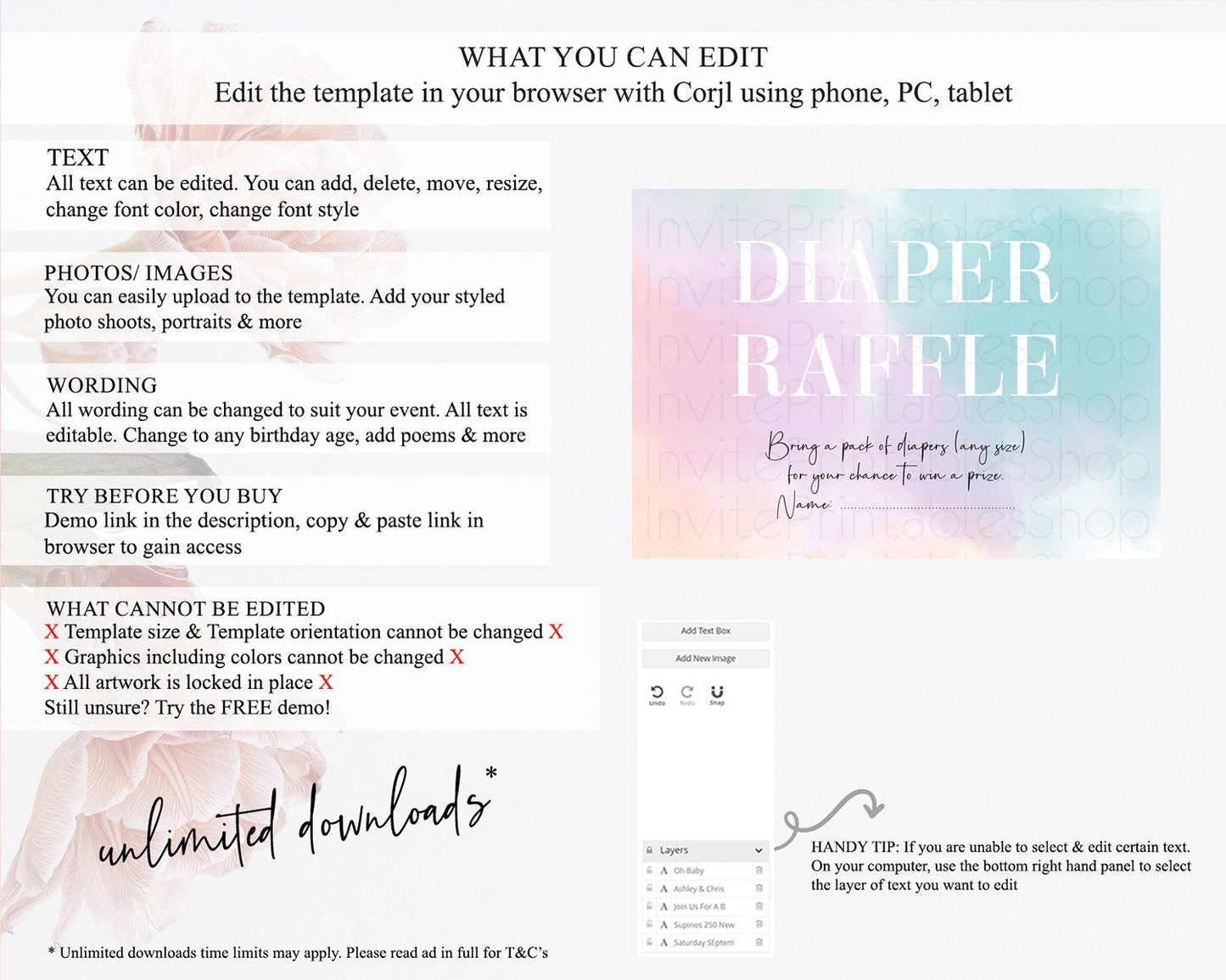 Pastel Diaper Raffle Card Pastel Rainbow Diaper Raffle Insert Colorful Ombre Watercolor Diaper Ticket Confetti Glitter Raffle Game D10375