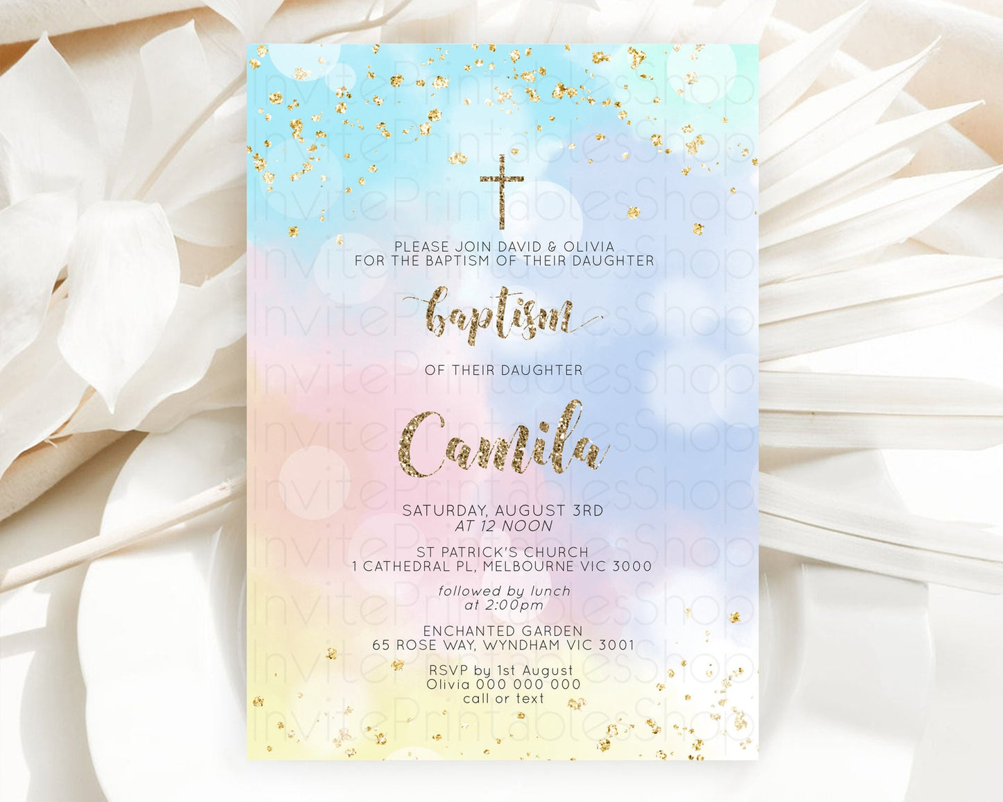 Pastel Baptism Invitation Pastel Colors Watercolor Baptism 1st Birthday Party Gold Ombre Pastel Rainbow Christening Holy Communion D10367