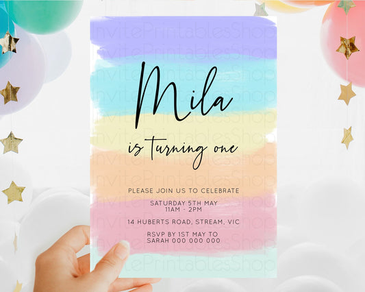 Rainbow Birthday Invitation Colorful Pastel Watercolor Invitation Gold Glitter Sprinkles Ombre Pastel 1st 2nd 3rd Birthday D10510