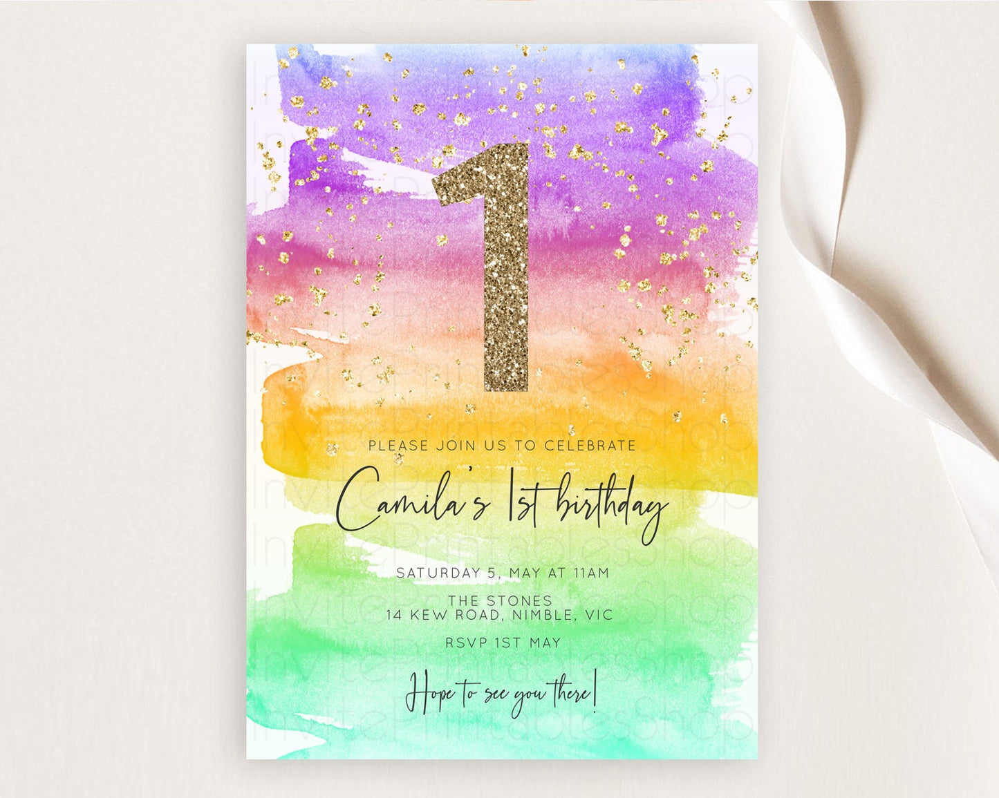 Rainbow Birthday Invitation Colorful Pastel Watercolor Invitation Gold Glitter Sprinkles Ombre Pastel 1st 2nd 3rd Birthday D10524