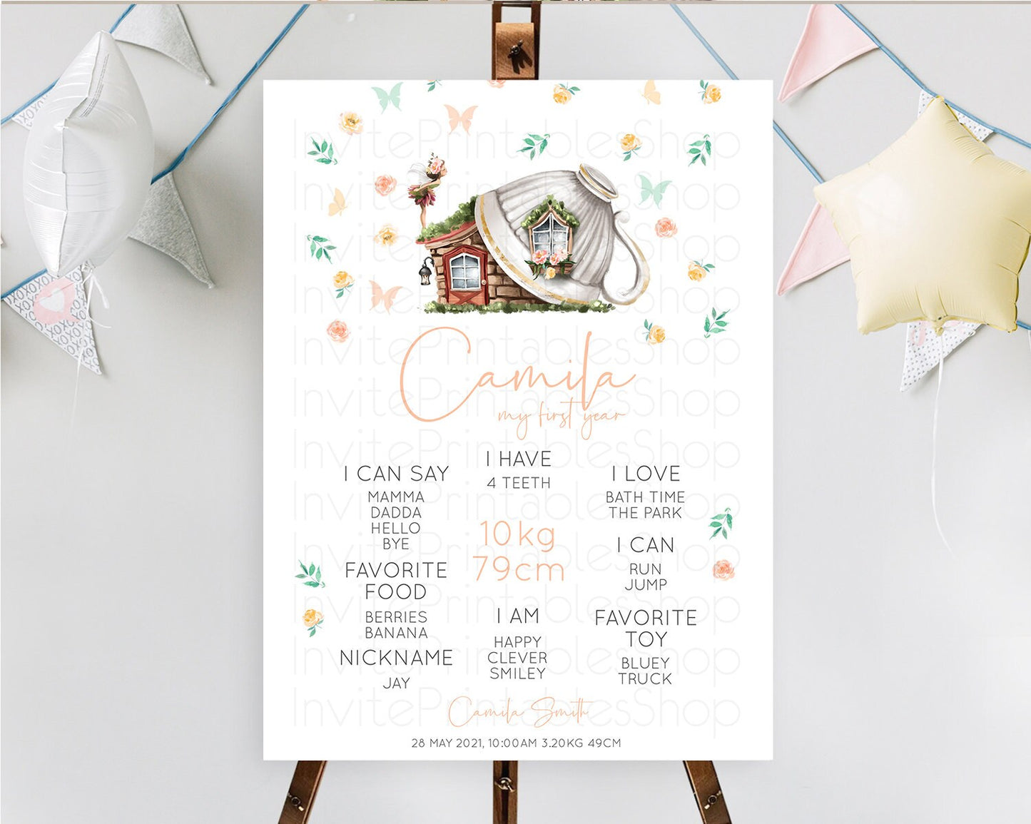 Fairy First Birthday Milestone Poster Fairy Secret Garden Milestone Board Enchanted Garden Pastel Floral Butterfly 1st Birthday Sign D10383