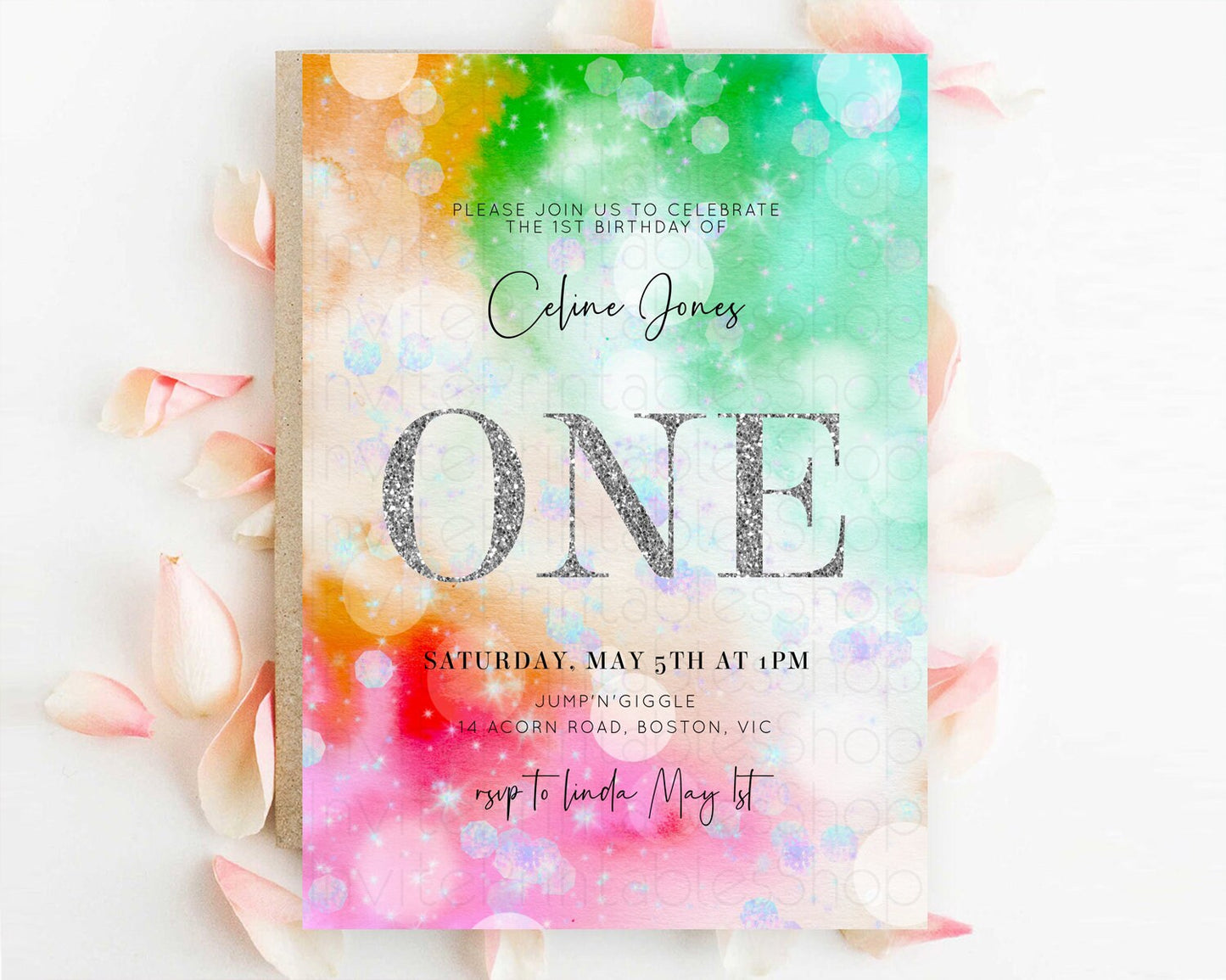 Rainbow Birthday Invitation Colorful Pastel Watercolor Silver Glitter Sprinkles Ombre Pastel Invitation 1st 2nd 3rd First Birthday D10691