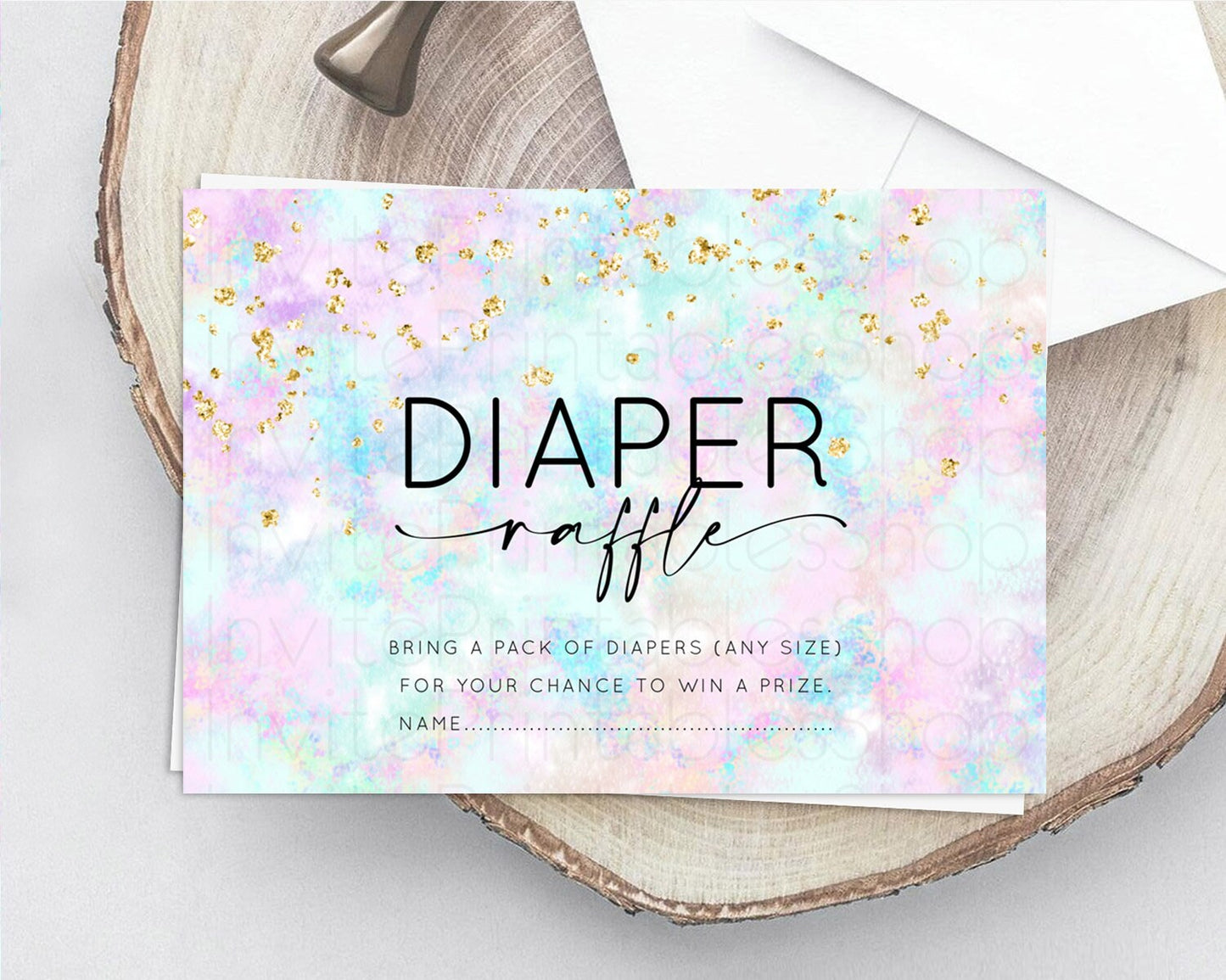 Pastel Diaper Raffle Card Pastel Rainbow Diaper Raffle Insert Colorful Ombre Watercolor Diaper Ticket Confetti Glitter Raffle Game D10652