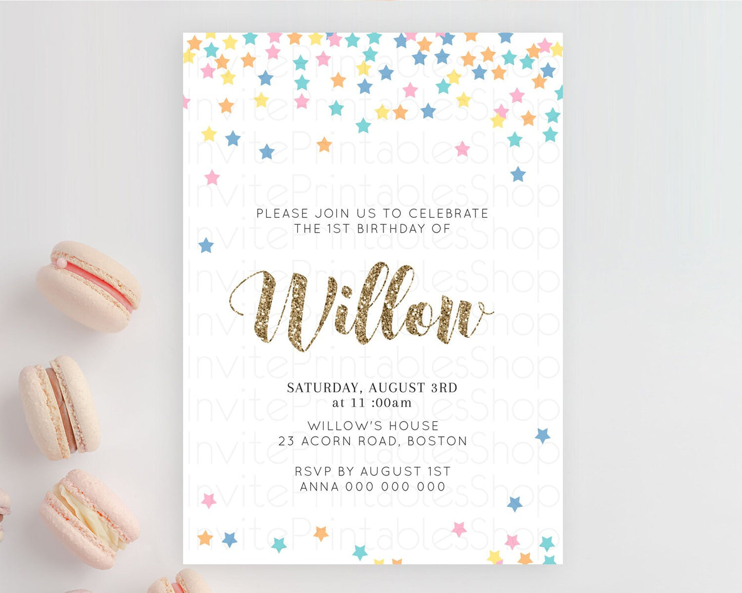 Star Birthday Invitation Pastel Stars Invite Shooting Star Party Rainbow Colorful Confetti Twinkle Little Star 2nd First Birthday D10298