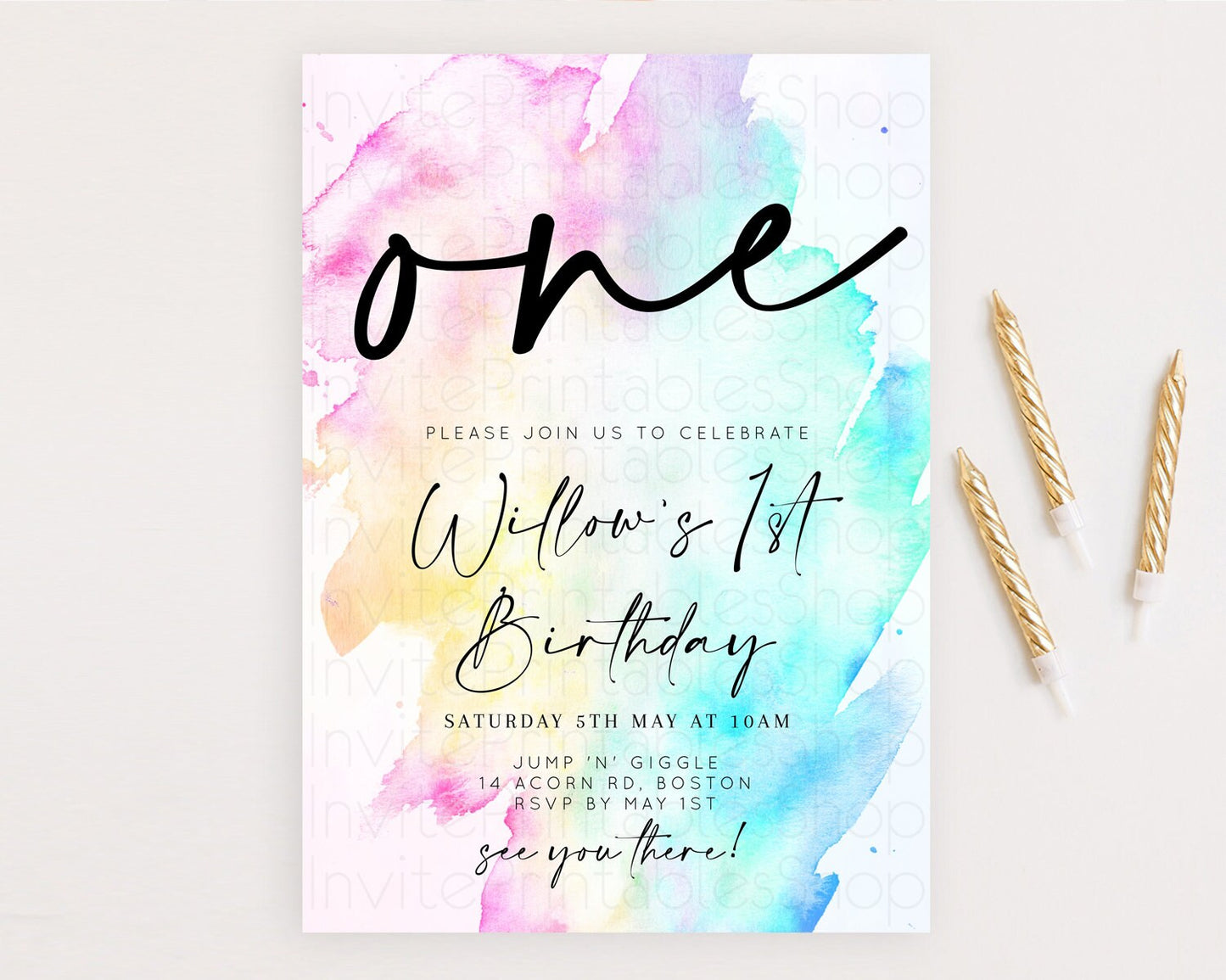 Rainbow Birthday Invitation Colorful Pastel Watercolor Invitation Gold Glitter Sprinkles Ombre Pastel 1st 2nd 3rd Birthday D11020