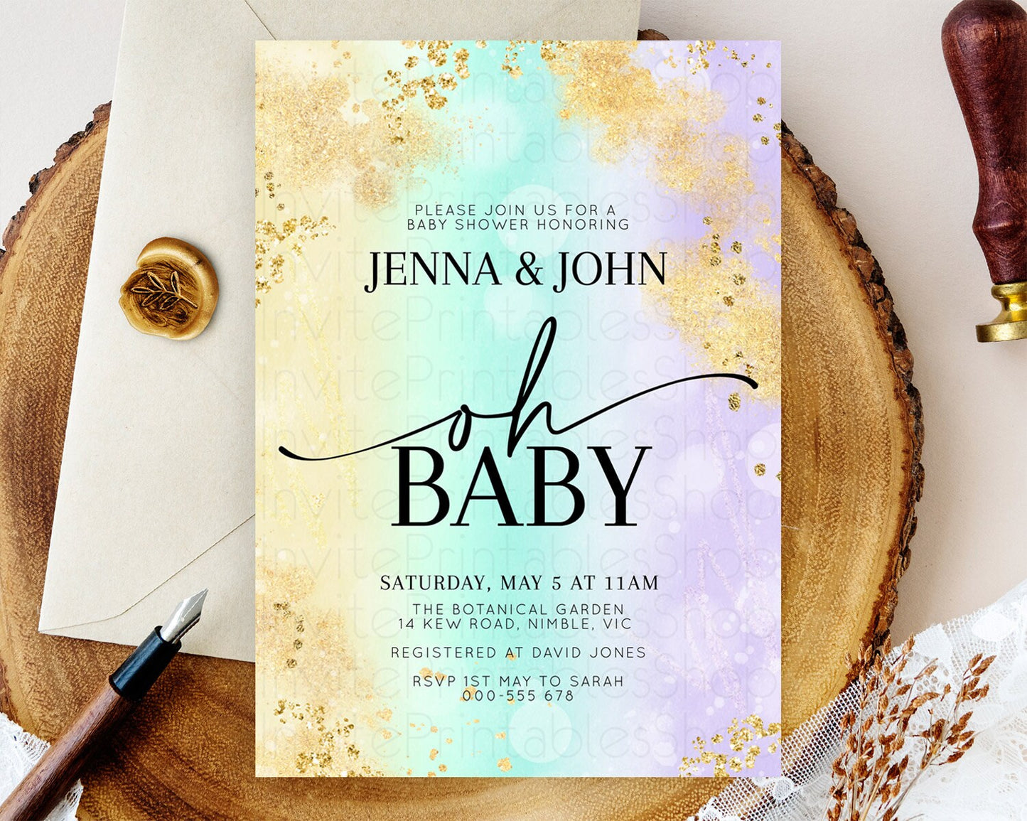 Pastel Baby Shower Invitation Rainbow Baby Shower Invitation Colorful Pastel Watercolor Invitation Gold Glitter Sprinkles Ombre D10672