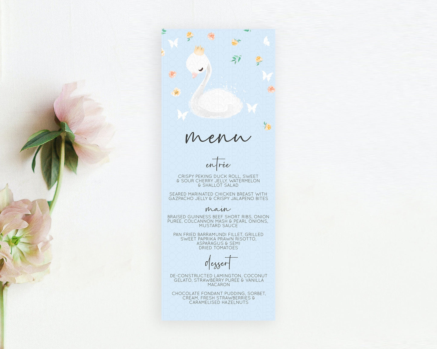 Swan Menu Swan Princess Ballet Menu Template Enchanted Swan Lake Table Decor Secret Garden Pastel Floral Dinner Dessert Food Menu  D10903