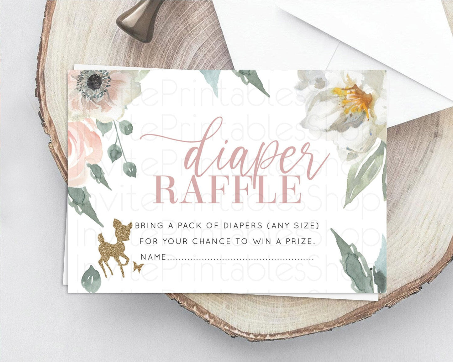 Fawn Diaper Raffle Card Deer Diaper Insert Floral Deer Diaper Ticket Enchanted Forest Butterfly Pastel Baby Shower Raffle Game D10120