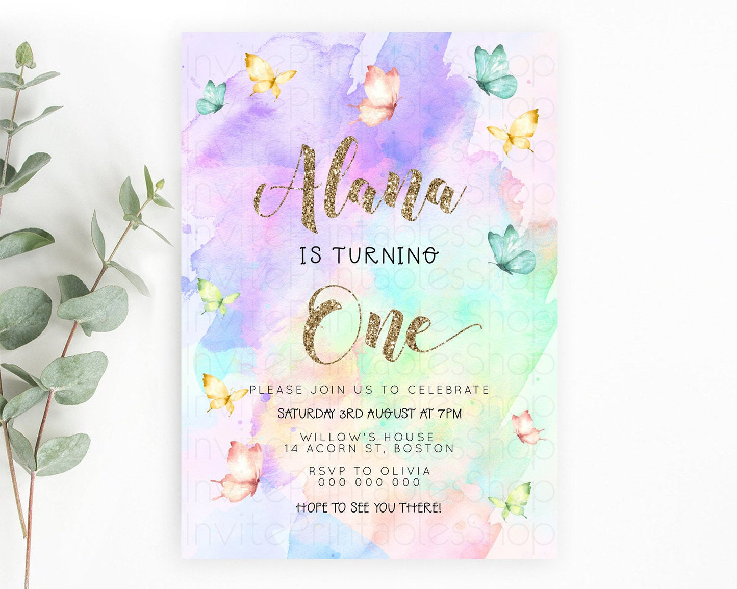 Pastel Butterfly Birthday Invitation Butterfly Birthday Invitation Colorful Splash Glitter Butterfly Garden 1st 2nd Birthday D23250