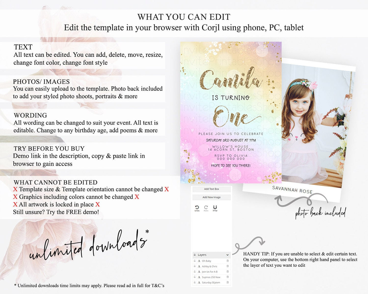 Rainbow Birthday Invitation Colorful Pastel Watercolor Invitation Gold Glitter Sprinkles Ombre Pastel 1st 2nd 3rd Birthday D23120