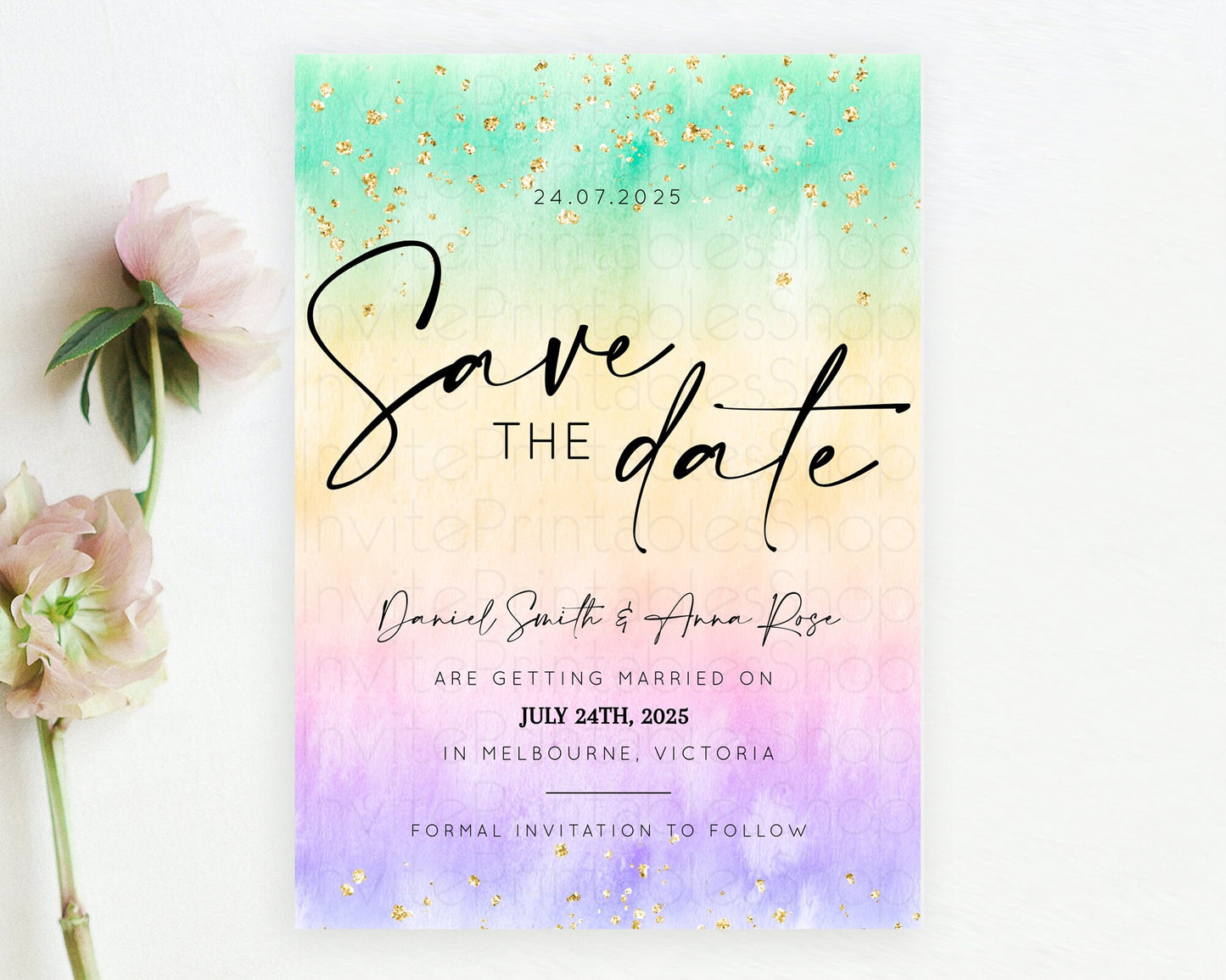 Pastel Save The Date Template Pastel Ombre Rainbow Watercolor Colorful Party For Birthday Baptism Baby Shower Wedding Bridal Shower D10481