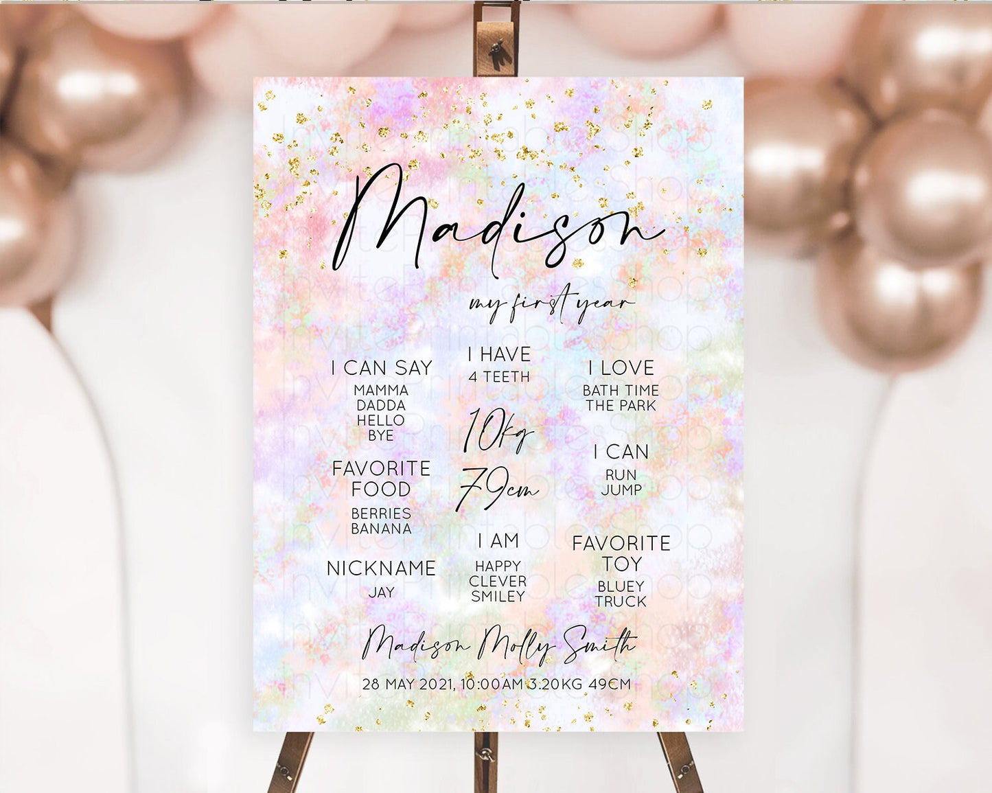 Pastel First Birthday Milestone Board Pastel Rainbow Milestone Poster Colorful Confetti Watercolor Glitter 1st Birthday Welcome Sign D10649
