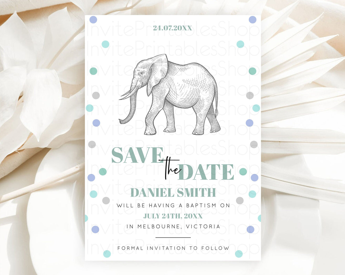 Elephant Save The Date Template Elephant Safari Adventure Party Dried Palm Fern Zoo 1st Birthday Baptism Baby Shower Bridal Shower D10859