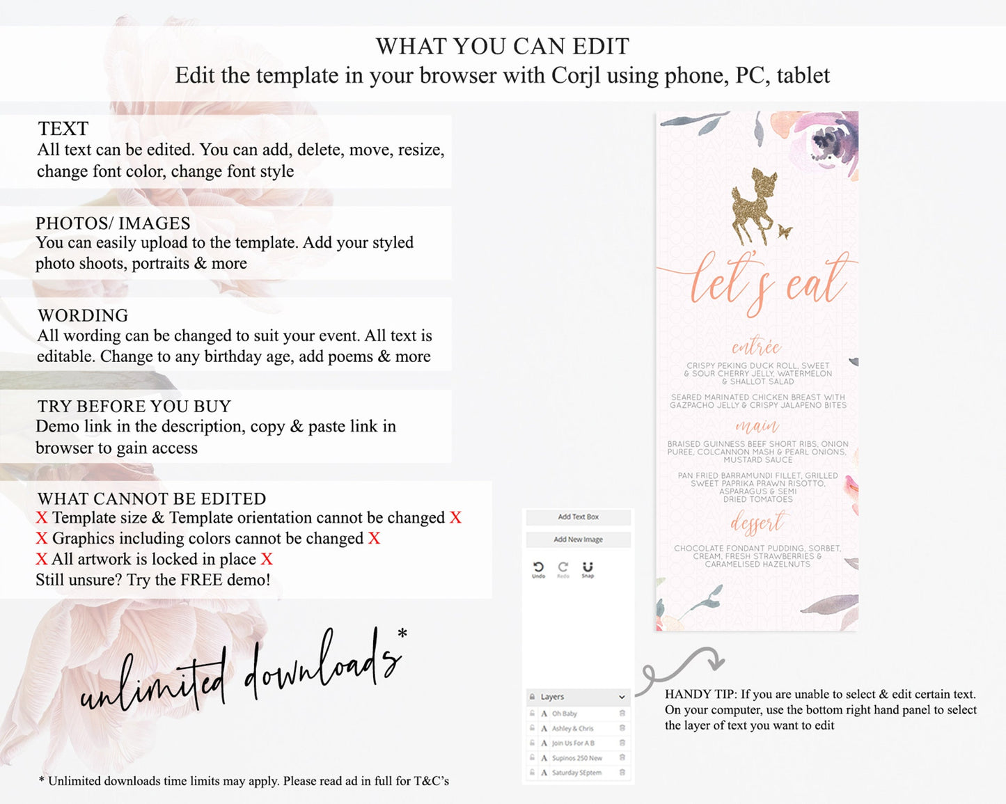 Fawn Menu Deer Menu Template Pastel Floral Deer Table Decor Enchanted Forest Butterfly Floral Dinner Dessert Menu Party Food Menu D10196