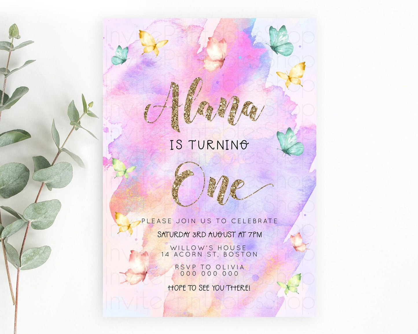 Pastel Butterfly Birthday Invitation Butterfly Birthday Invitation Colorful Splash Glitter Butterfly Garden 1st 2nd Birthday D23251