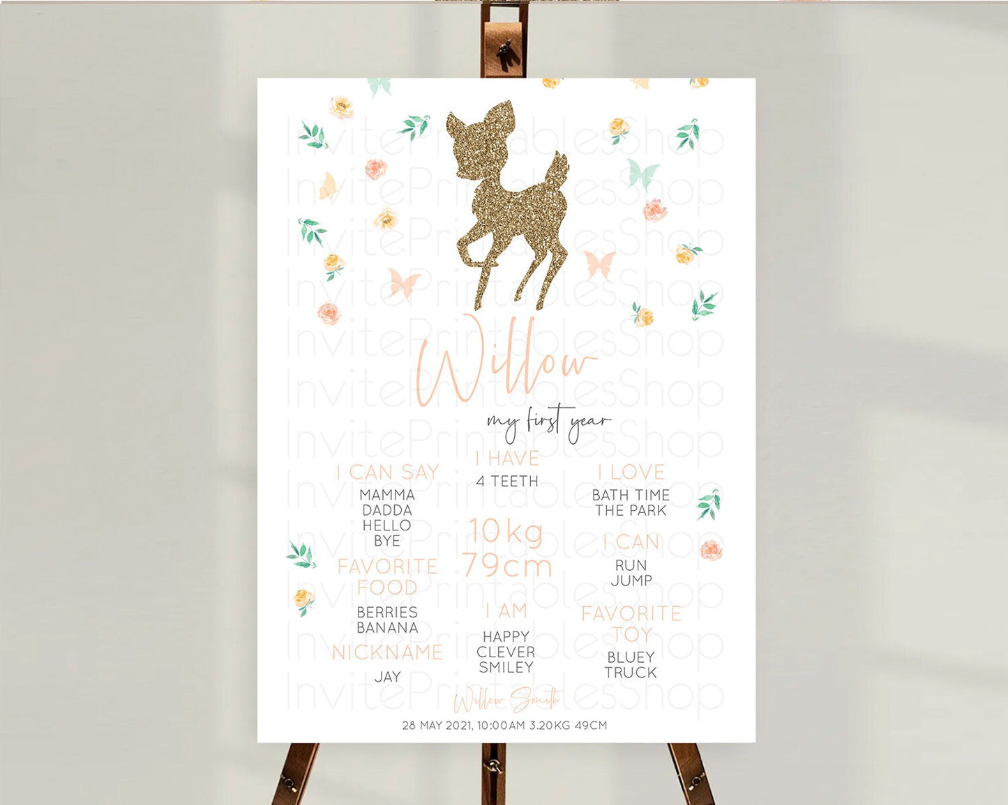 Fawn First Birthday Milestone Board Deer First Birthday Milestone Poster Enchanted Forest Butterfly Pastel Flowers 1st Birthday Sign D10355