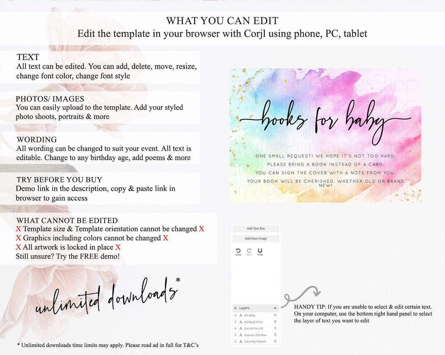 Pastel Books For Baby Card Pastel Rainbow Book Insert Colorful Ombre Watercolor Book Card Confetti Glitter Baby Book Poem Request D10449