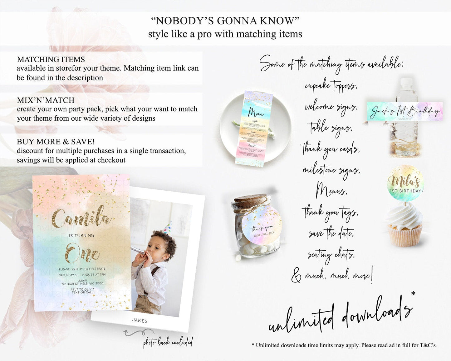 Rainbow Birthday Invitation Colorful Pastel Watercolor Invitation Gold Glitter Sprinkles Ombre Pastel 1st 2nd 3rd Birthday D10377