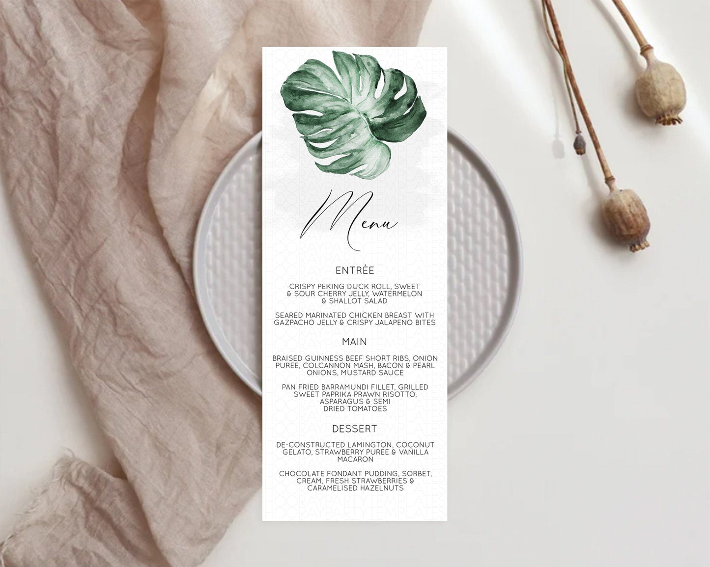 Tropical Menu Template Tropical Menu Palm Leaf Fern Table Decor Frangipani Floral White Orchid Dinner Dessert Menu Party Food Menu D11041