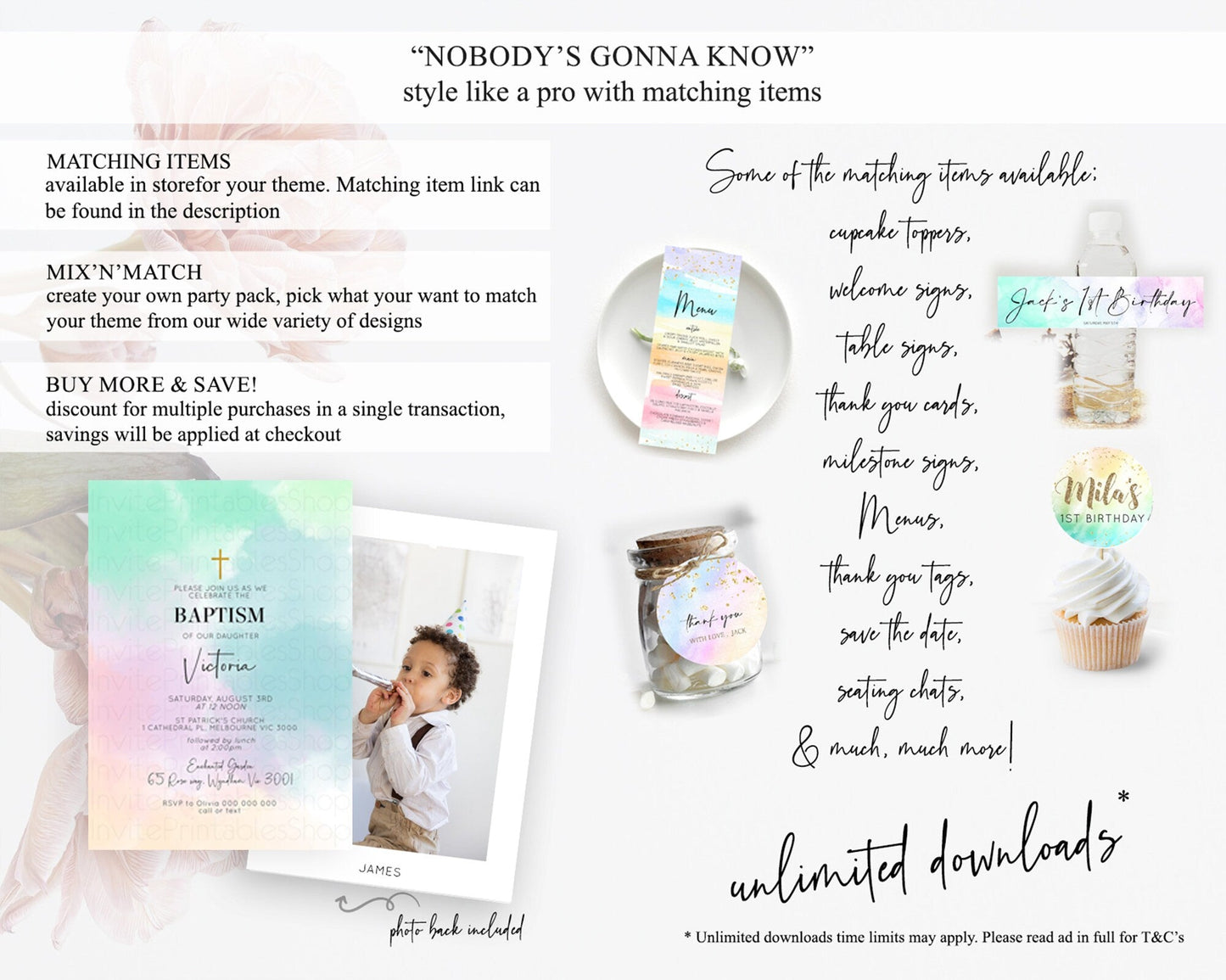 Pastel Baptism Invitation Pastel Colors Watercolor Baptism 1st Birthday Party Gold Ombre Pastel Rainbow Christening Holy Communion D10375