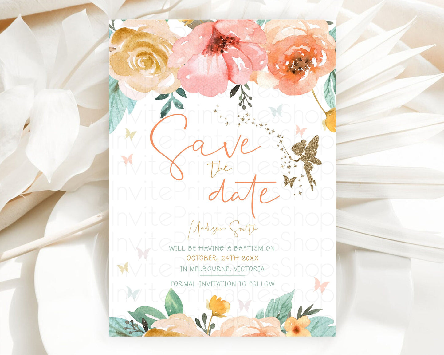 Fairy Save The Date Template Enchanted Garden Pastel Floral Butterfly Party Secret Garden Birthday Baptism Baby Shower Bridal Shower D10346