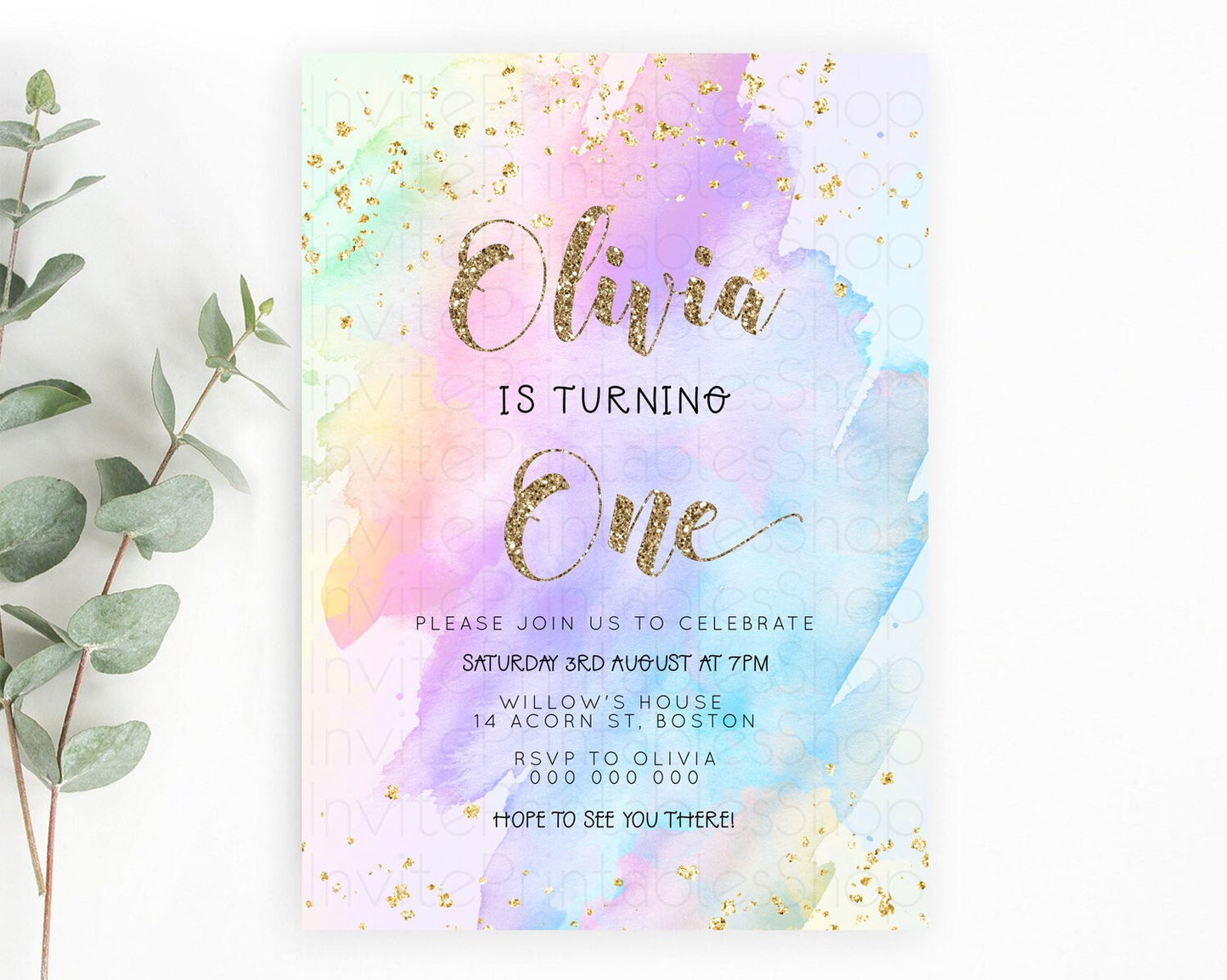 Rainbow Birthday Invitation Colorful Pastel Watercolor Invitation Gold Glitter Sprinkles Ombre Pastel 1st 2nd 3rd Birthday D23295