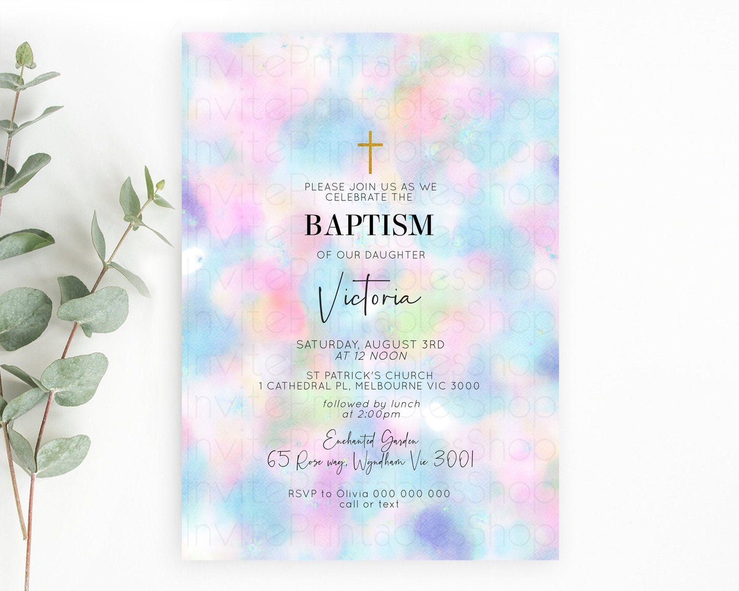 Pastel Baptism Invitation Pastel Colors Watercolor Baptism 1st Birthday Party Gold Ombre Pastel Rainbow Christening Holy Communion D10694