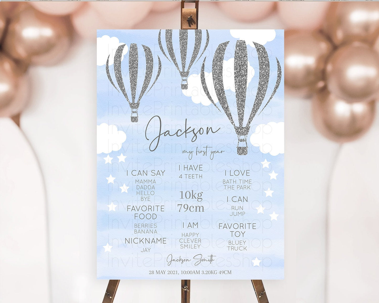 Hot Air Balloon First Birthday Milestone Poster Hot Air Balloon Milestone Board Adventure Awaits Blue Watercolor 1st Birthday Boy D10334