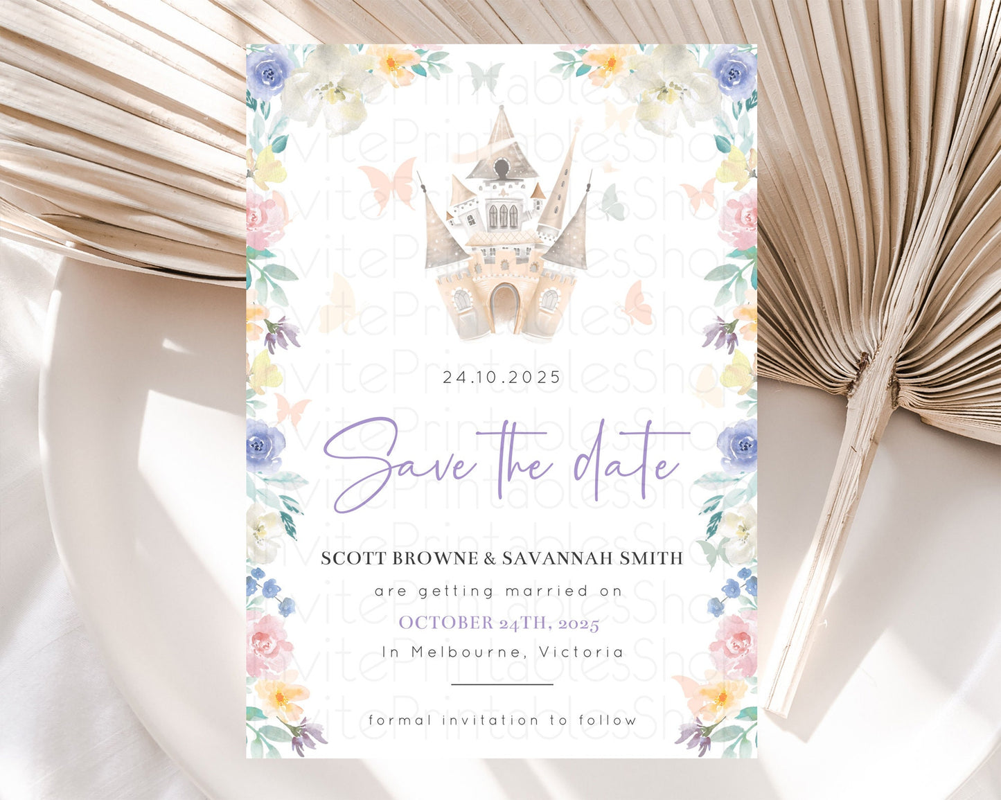 Princess Save The Date Template Secret Garden Enchanted Castle Pastel Floral Royal Party For 1st Birthday Baptism Baby Shower D10709