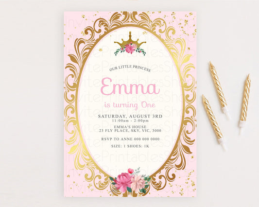 Princess Birthday Invitation Castle Invitation Royal Birthday Fairy Tale Enchanted Mirror Pastel Floral Garden 1st First Birthday D10134