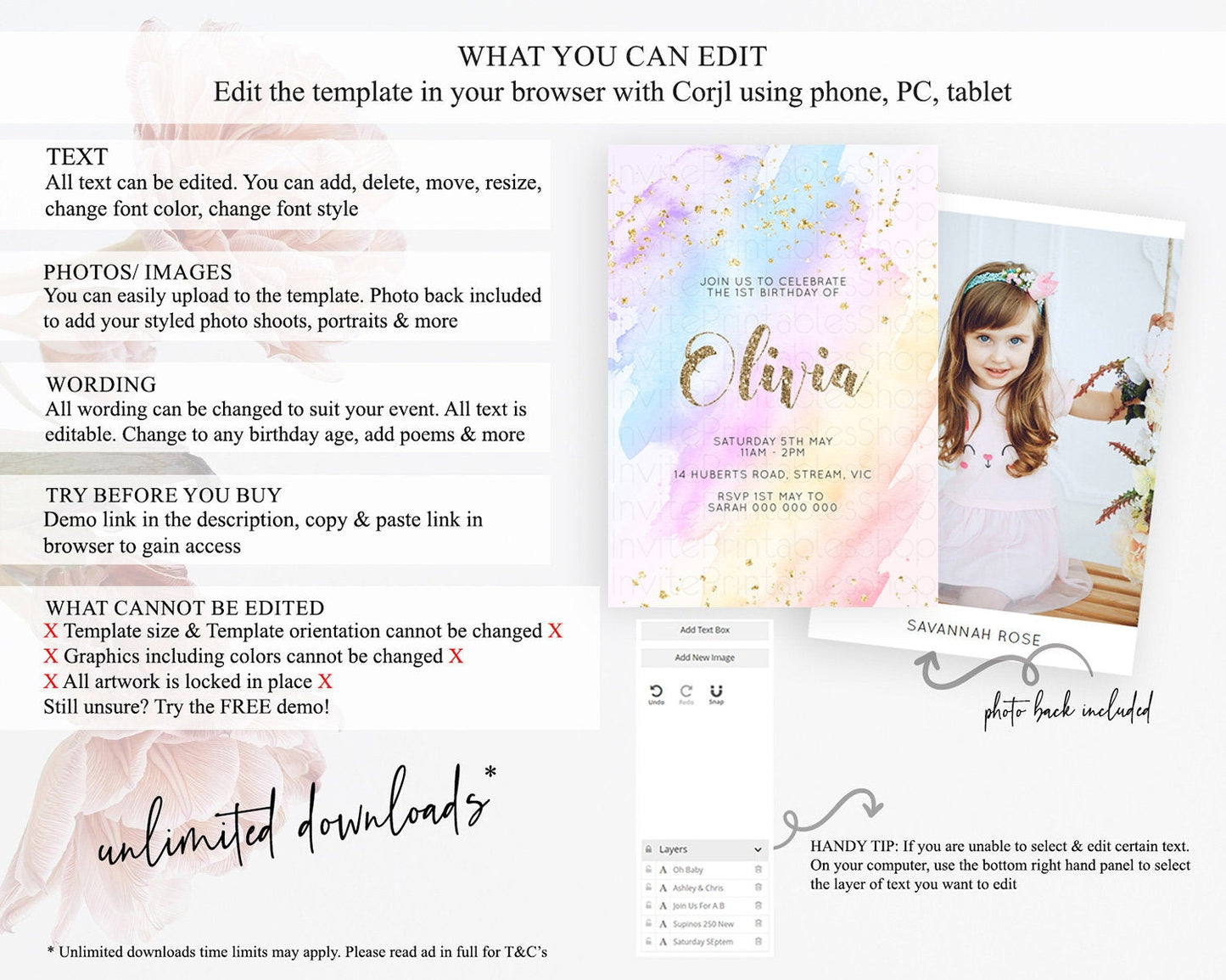 Rainbow Birthday Invitation Colorful Pastel Watercolor Invitation Gold Glitter Sprinkles Ombre Pastel 1st 2nd 3rd Birthday D10633