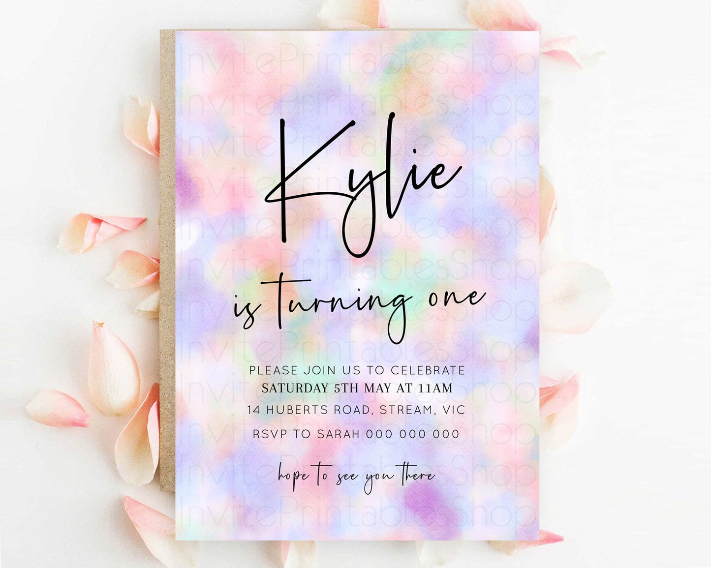 Rainbow Birthday Invitation Colorful Pastel Watercolor Invitation Gold Glitter Sprinkles Ombre Pastel 1st 2nd 3rd Birthday D10697