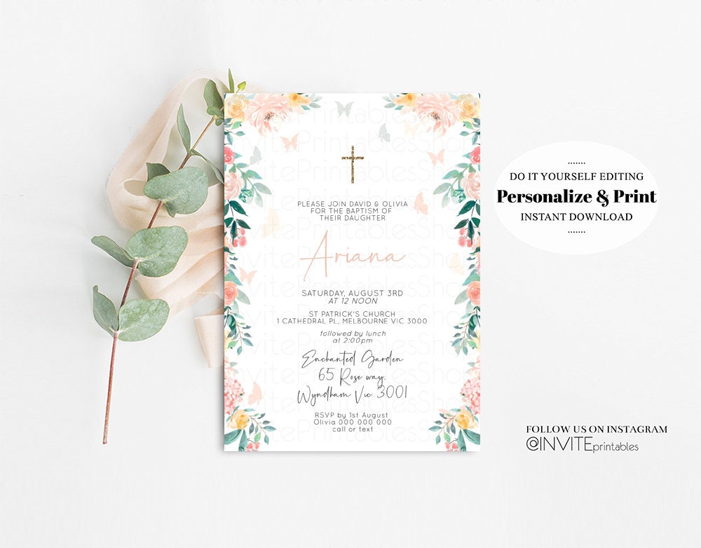 Floral Baptism Invitation Enchanted Garden Christening Invitation Soft Pastel Flowers Butterfly Peony Roses Gold Cross Orthodox Cross