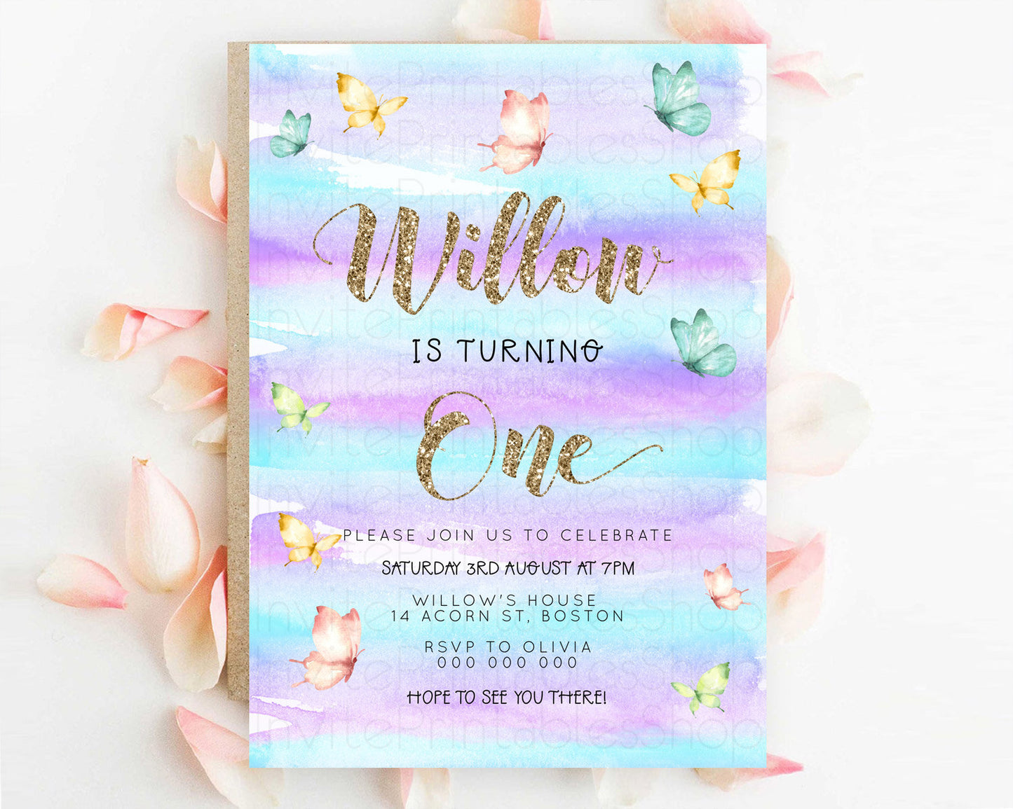 Pastel Butterfly Birthday Invitation Butterfly Birthday Invitation Colorful Splash Glitter Butterfly Garden 1st 2nd Birthday D23217