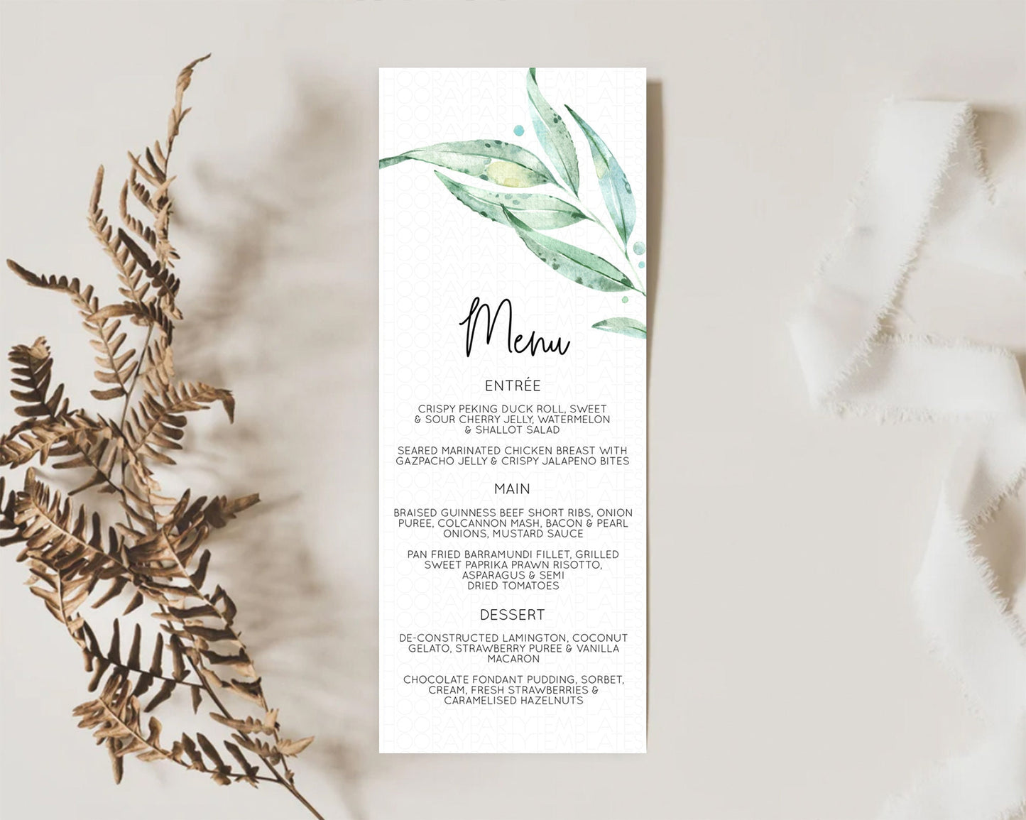 Leafy Menu Green Leaf Menu Template Eucalyptus Fern Leaves Decor Watercolor Boho Garden Leaf Branch Dinner Dessert Party Food Menu D11014