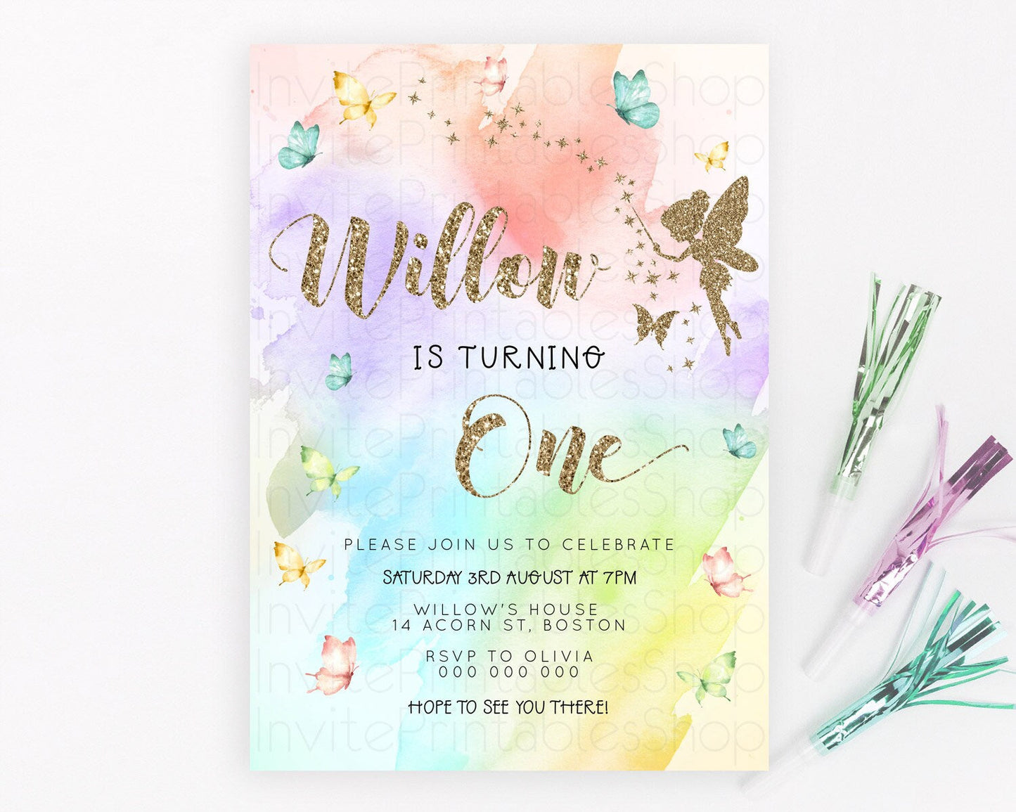 Pastel Fairy Birthday Invitation Pastel Butterflies Fairy Birthday Invitation Rainbow Ombre Watercolor 1st 2nd Birthday Invitation D23349