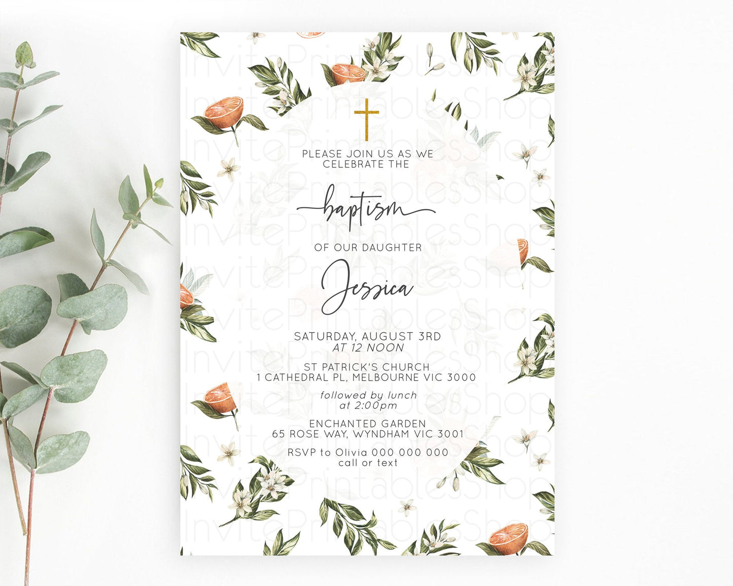 Citrus Baptism Invitation Lemon Orange Baptism 1st Birthday Invitation Citrus Garden Christening Invitation Citrus Floral Religious  D10545